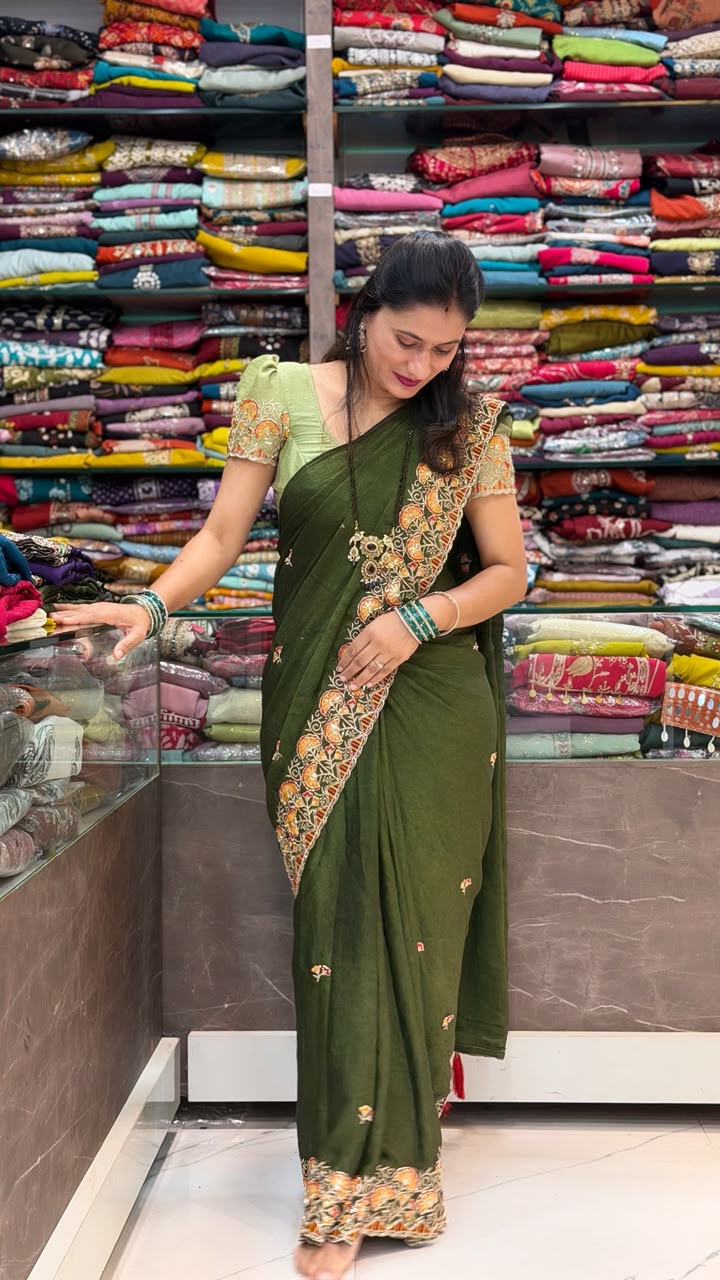 Karadana Embroidered Border Sarees - Green