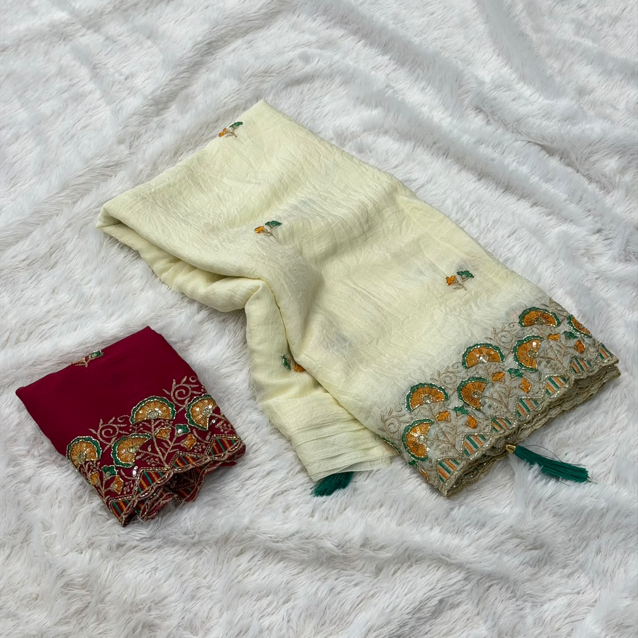 Karadana Embroidered Border Sarees - Off White