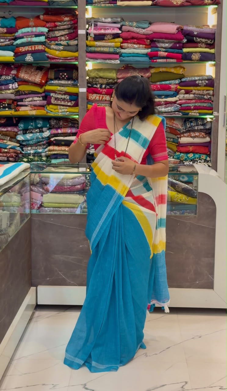 Cotton Linen Saree - Morpankhi