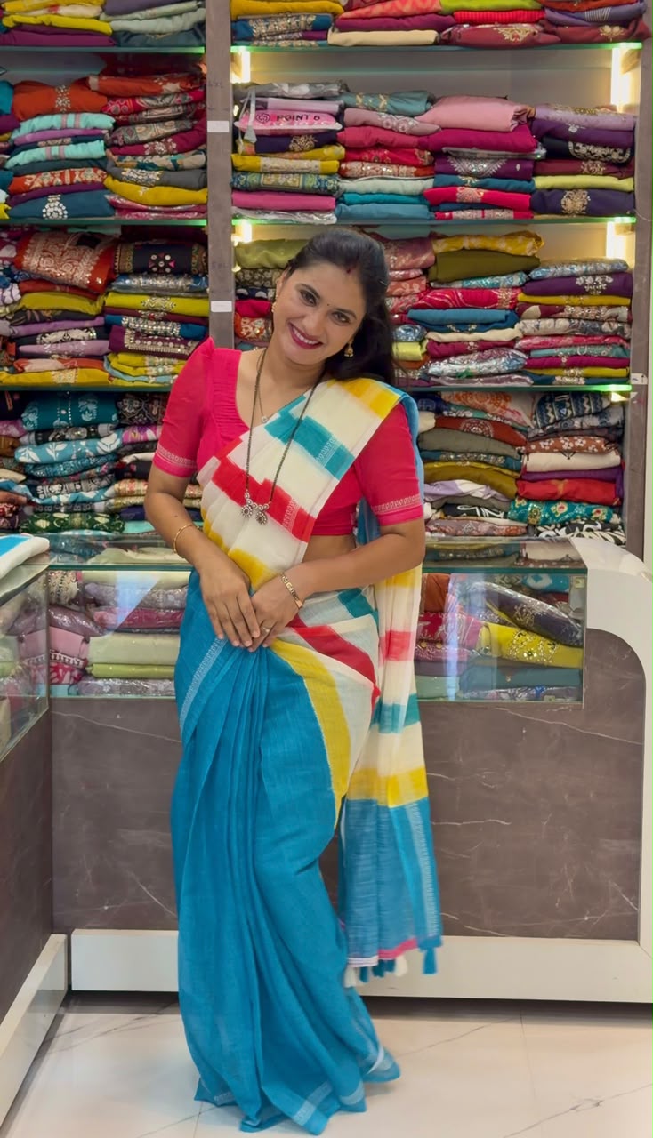 Cotton Linen Saree - Morpankhi