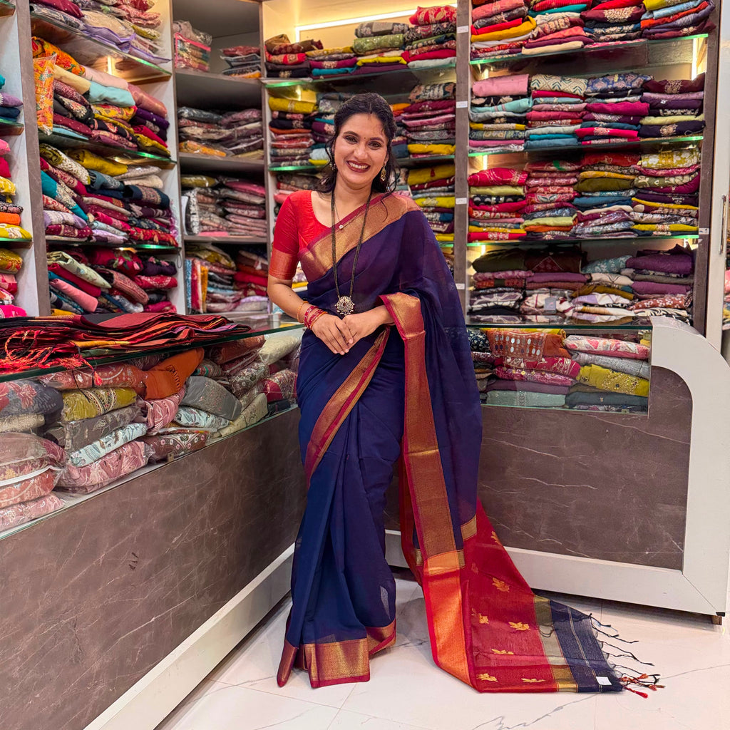 Rich Golden zari Saree - Navy Blue