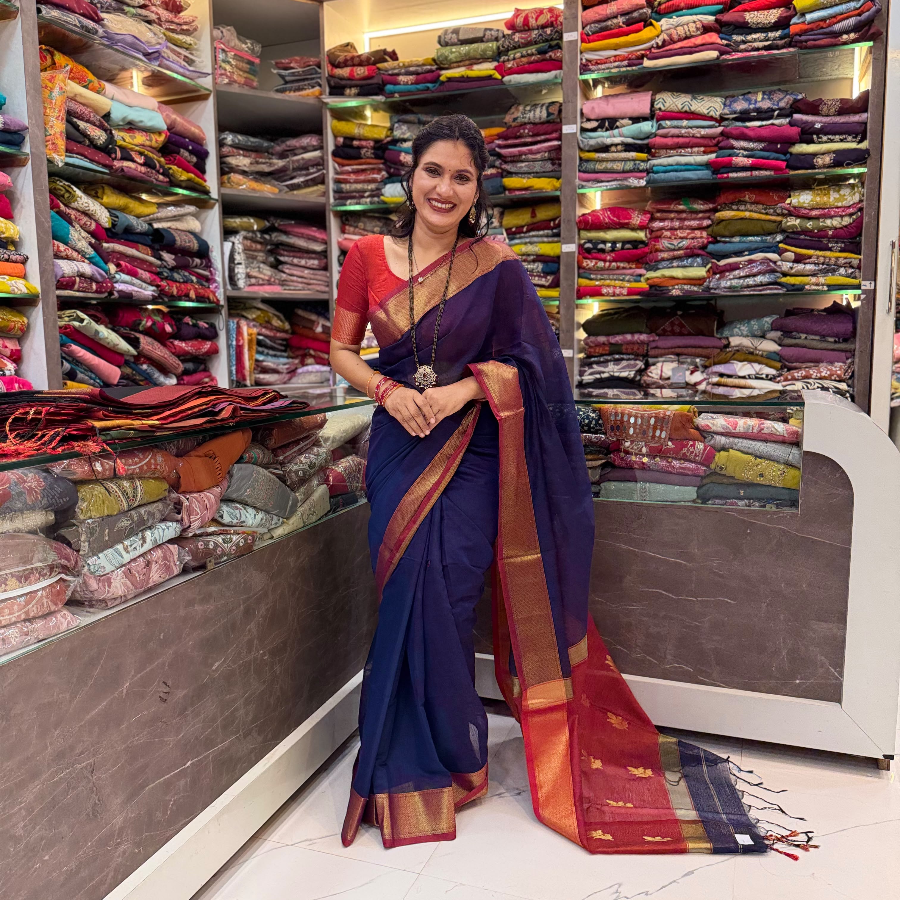 Rich Golden zari Saree - Navy Blue