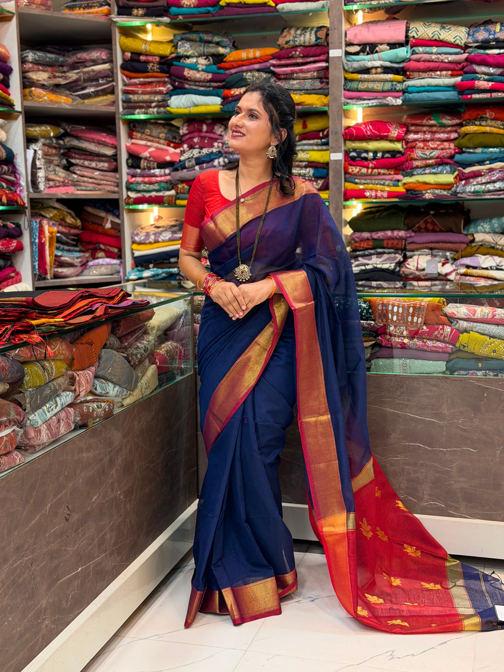 Rich Golden zari Saree - Navy Blue