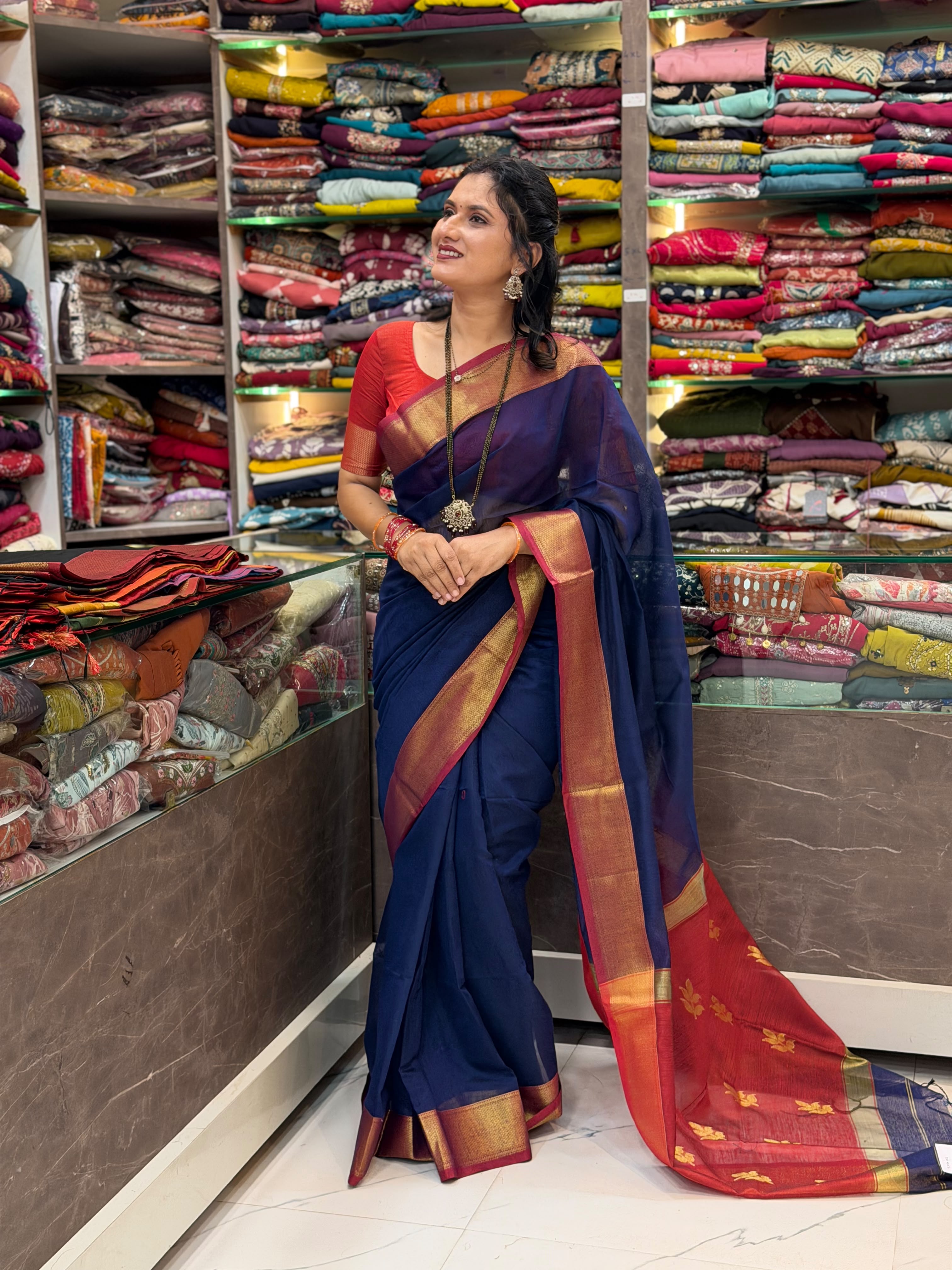 Rich Golden zari Saree - Navy Blue