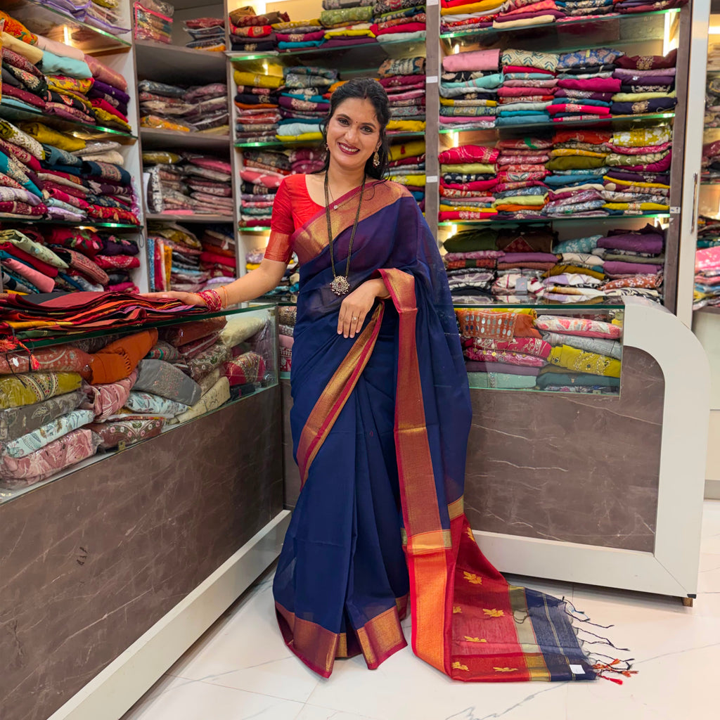 Rich Golden zari Saree - Navy Blue