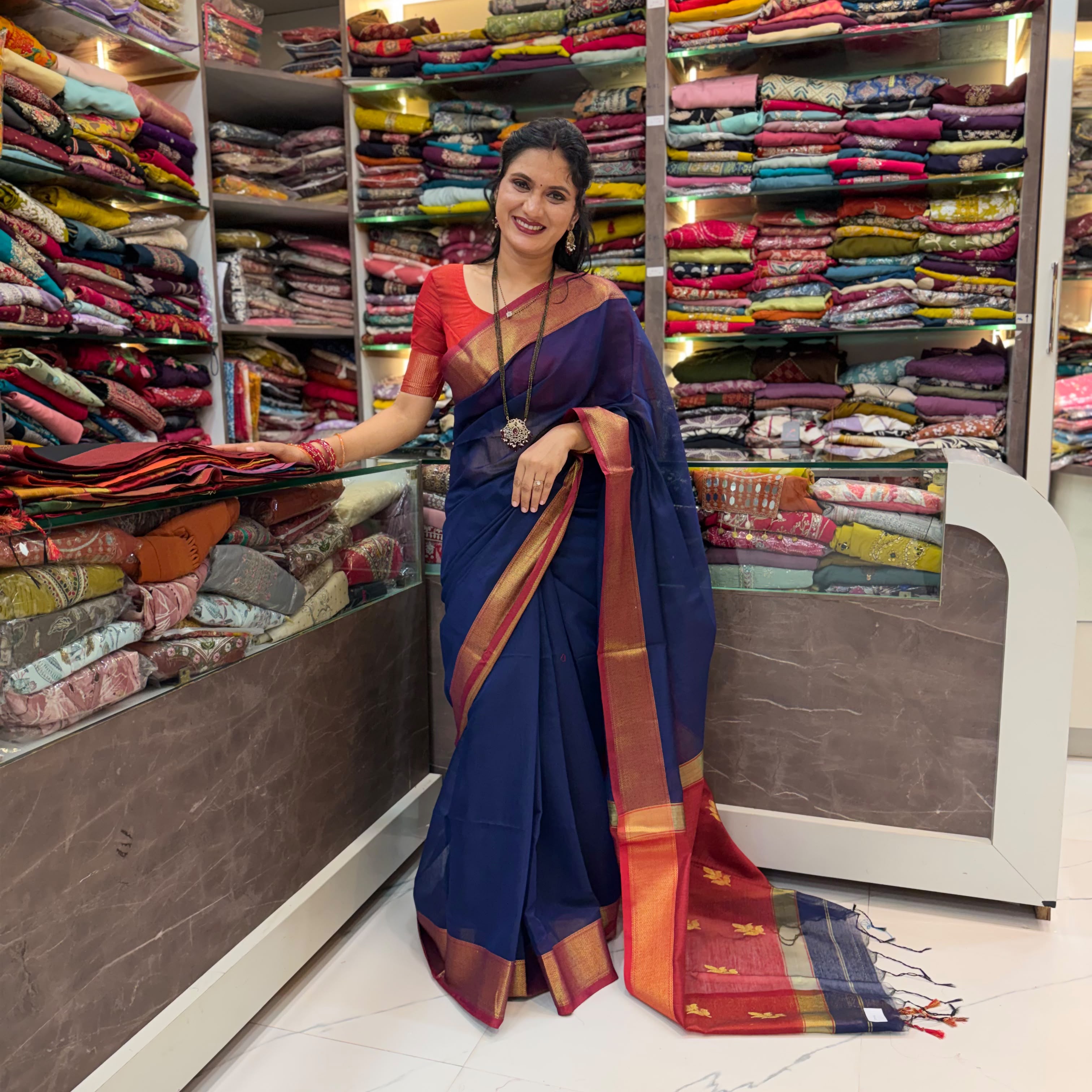 Rich Golden zari Saree - Navy Blue