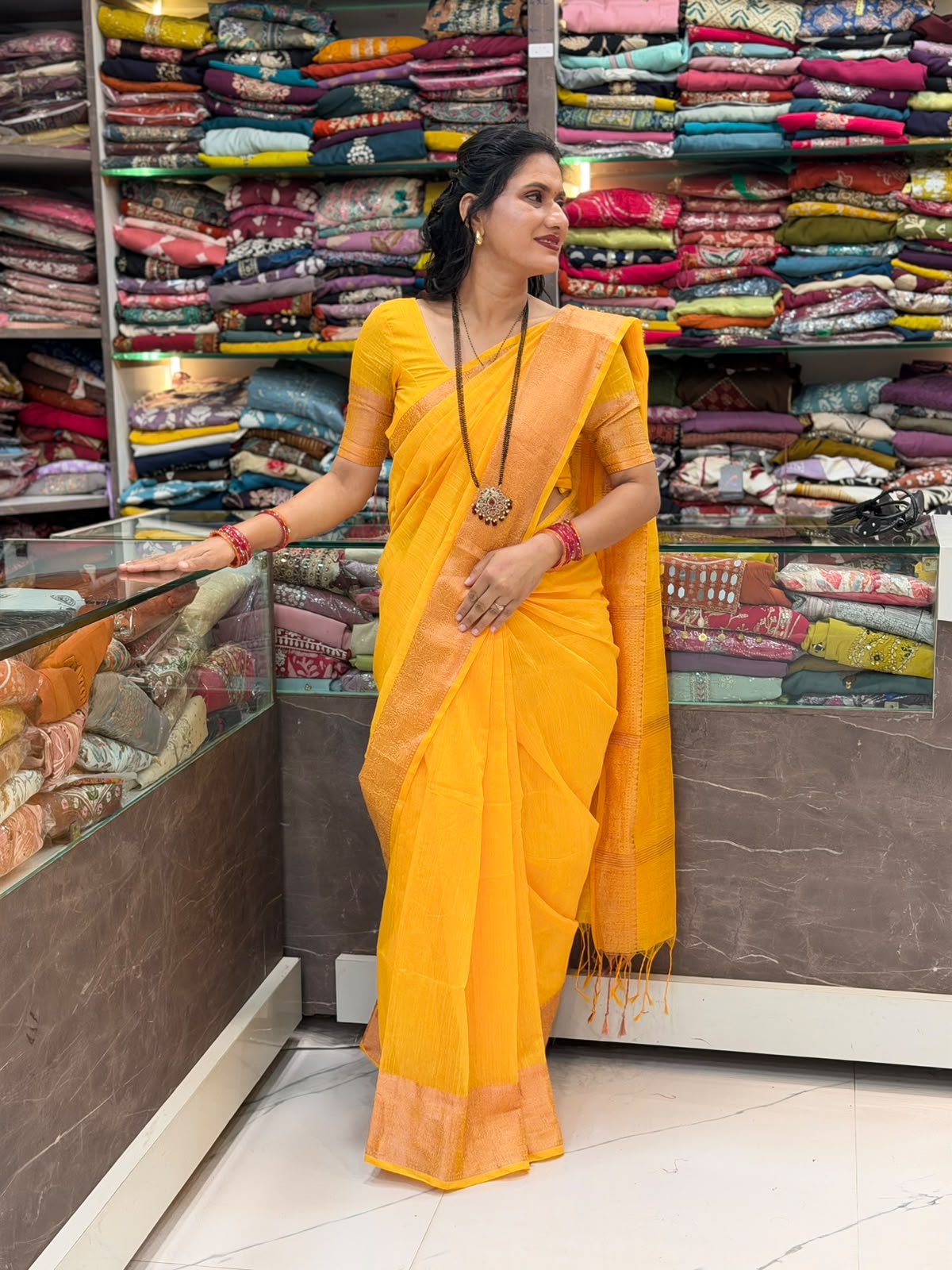 Bansi Linen Saree -  Termeric Yellow