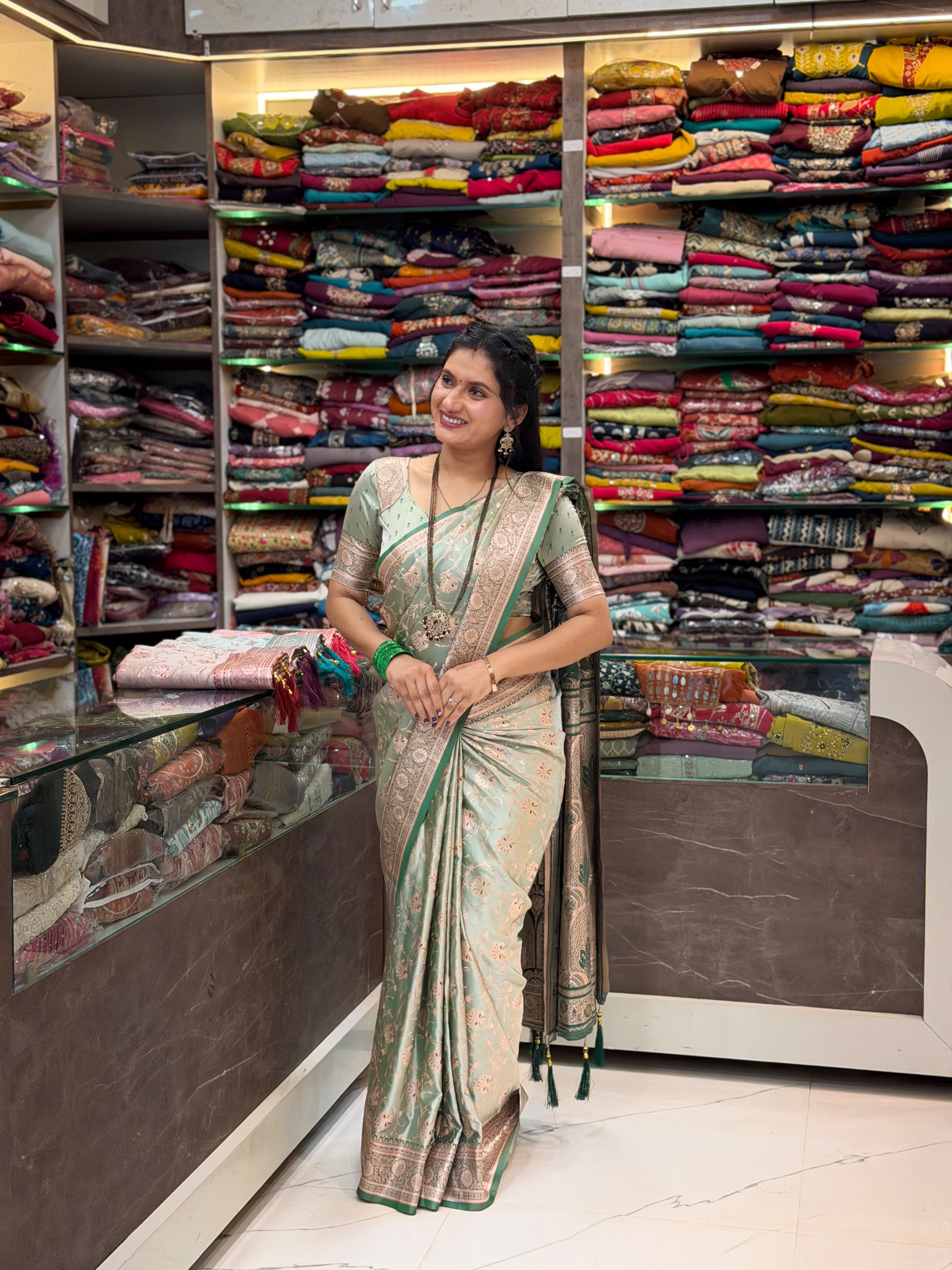 Mashru Silk Jhal Design Saree –  Green