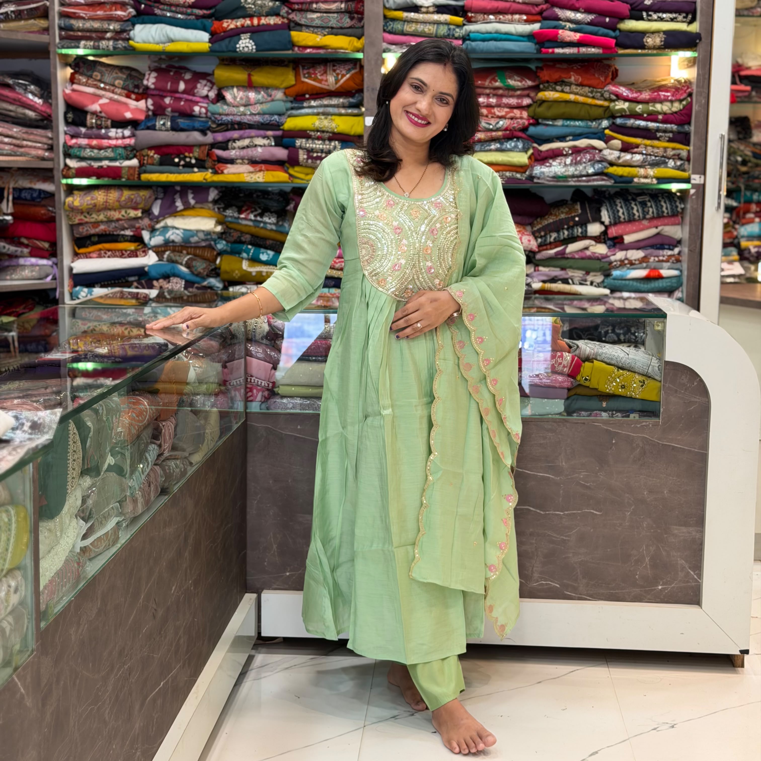 Cotton Chanderi Dress -  Pista