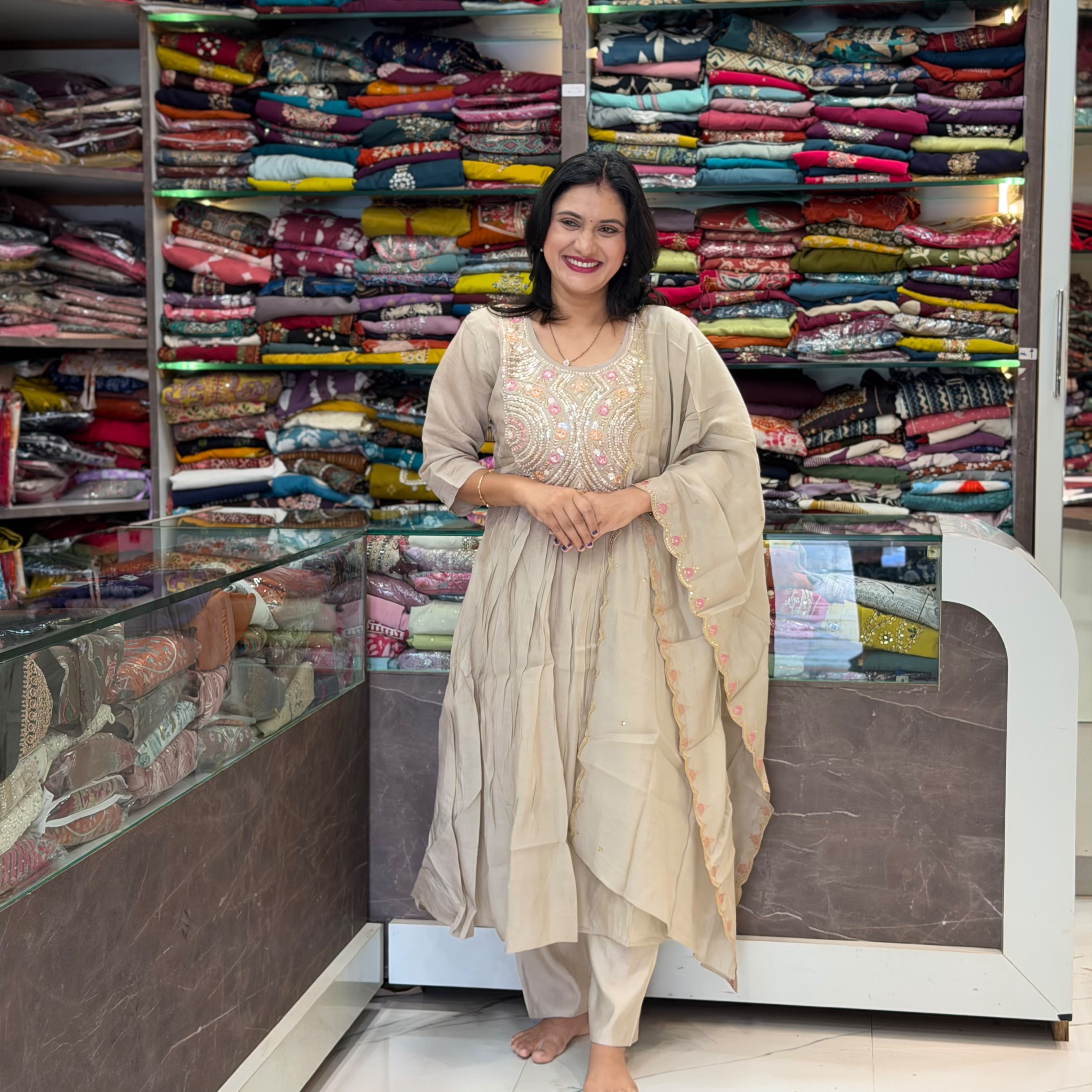 Cotton Chanderi Dress -  Cream