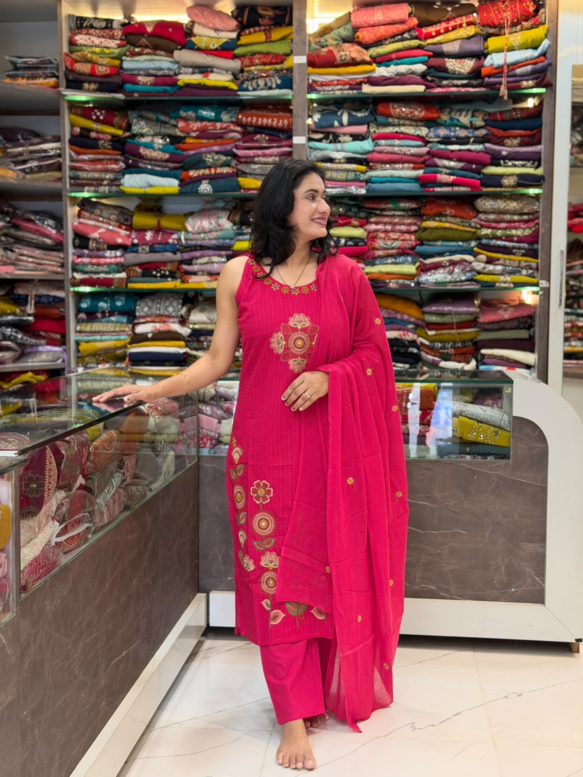 Designer Jaipuri Mal Cotton 3-Piece Dress Set - Pink
