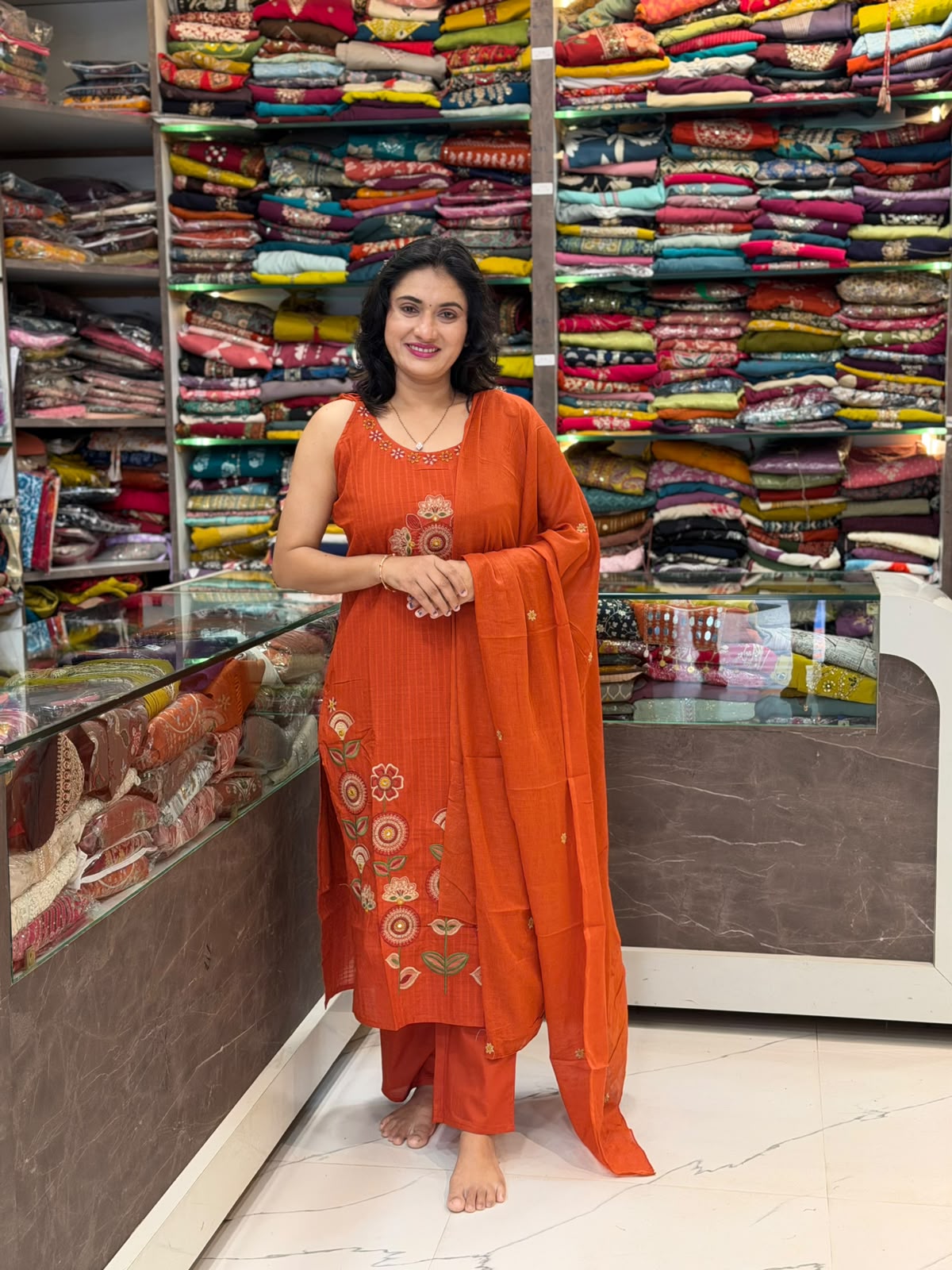 Designer Jaipuri Mal Cotton 3-Piece Dress Set - Orange