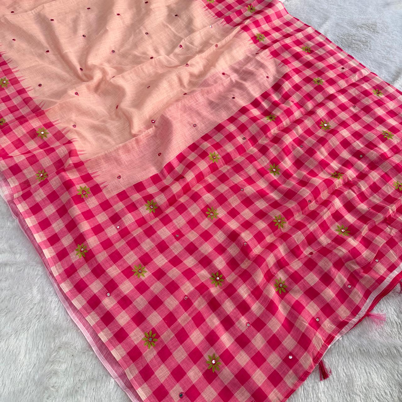 Linen Cotton Pastel Mirror Work Saree
