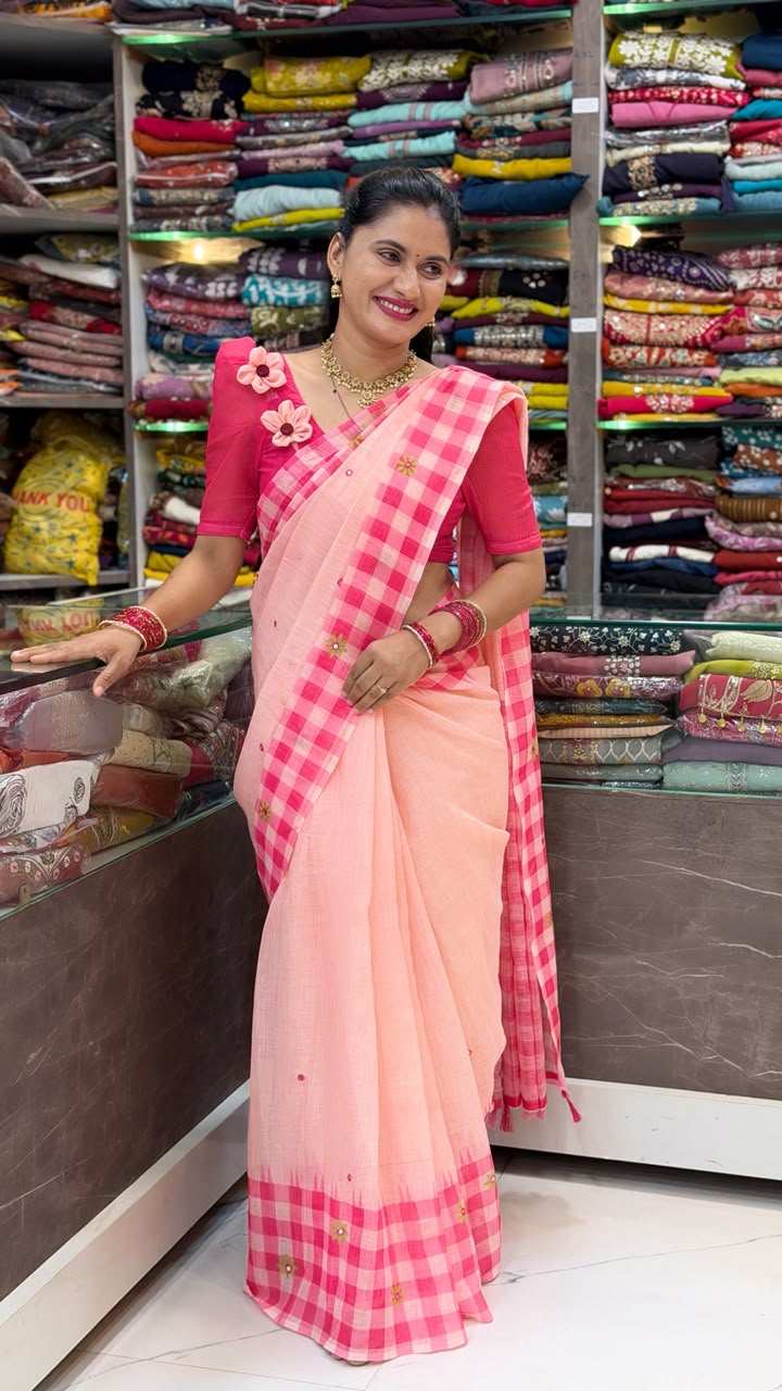 Linen Cotton Pastel Mirror Work Saree