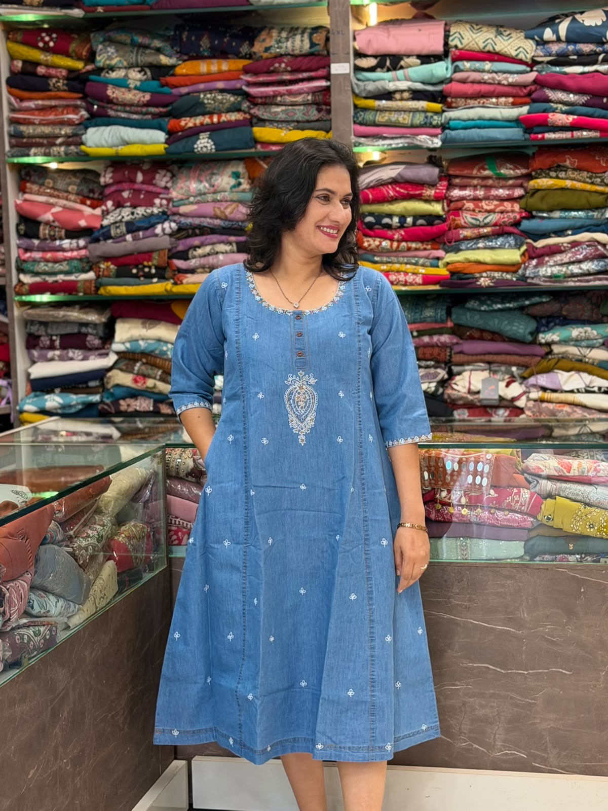 Thread Work Denim Midi Dress - Light Blue