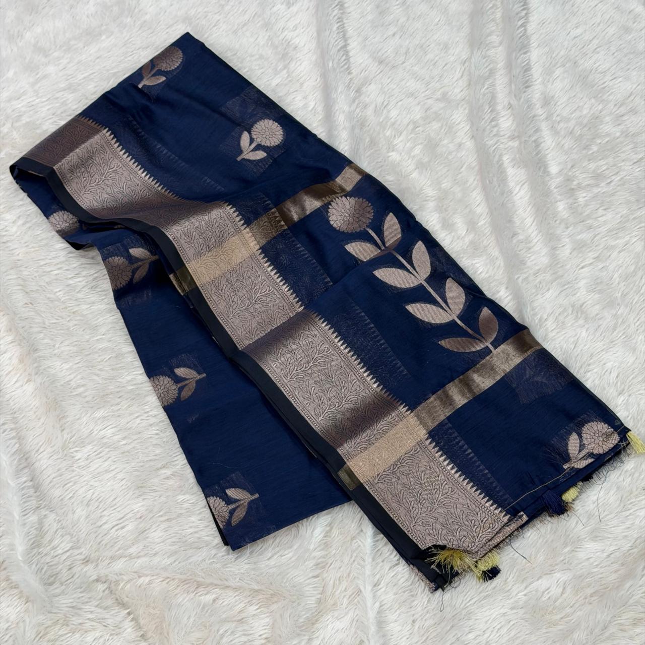 Flower Maheshwari Saree - Navy Blue