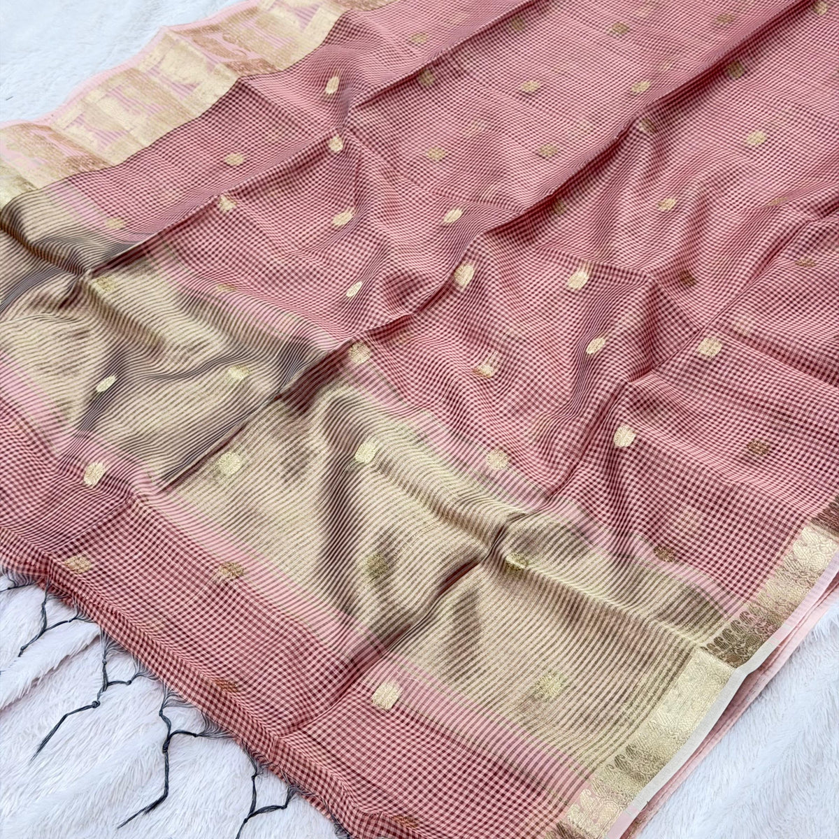 Cotton Silk Checks Maheshwari Saree - Baby Pink