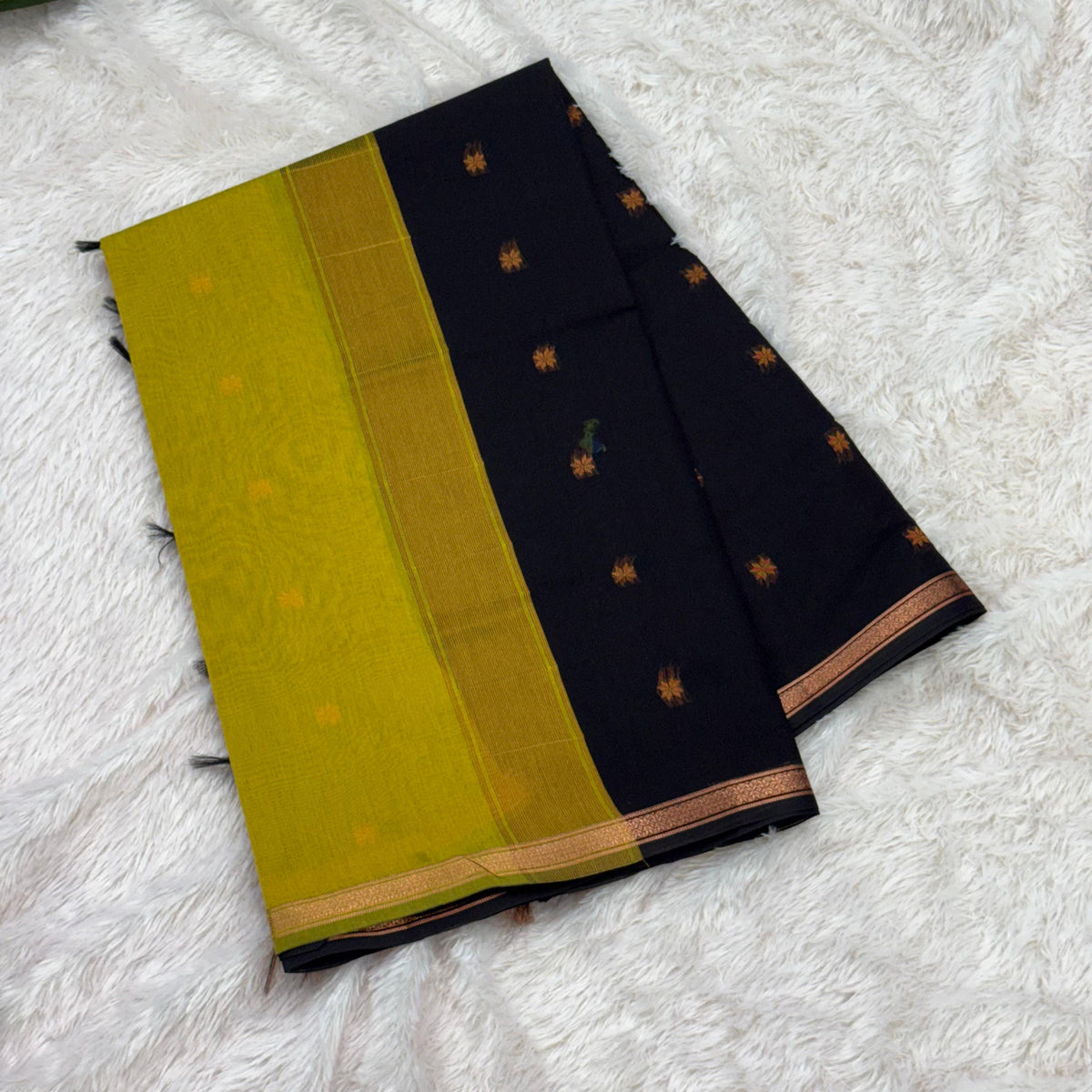 Flower Maheshwari Saree - Black with Lemon