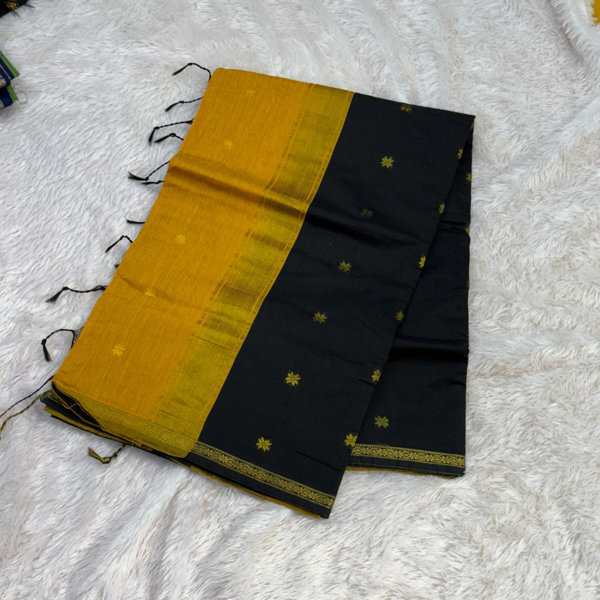 Flower Maheshwari Saree- Black with Yellow