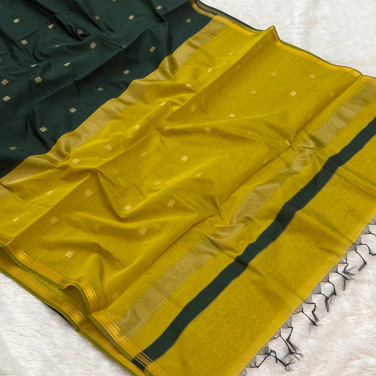Flower Maheshwari Saree - Green With Yellow
