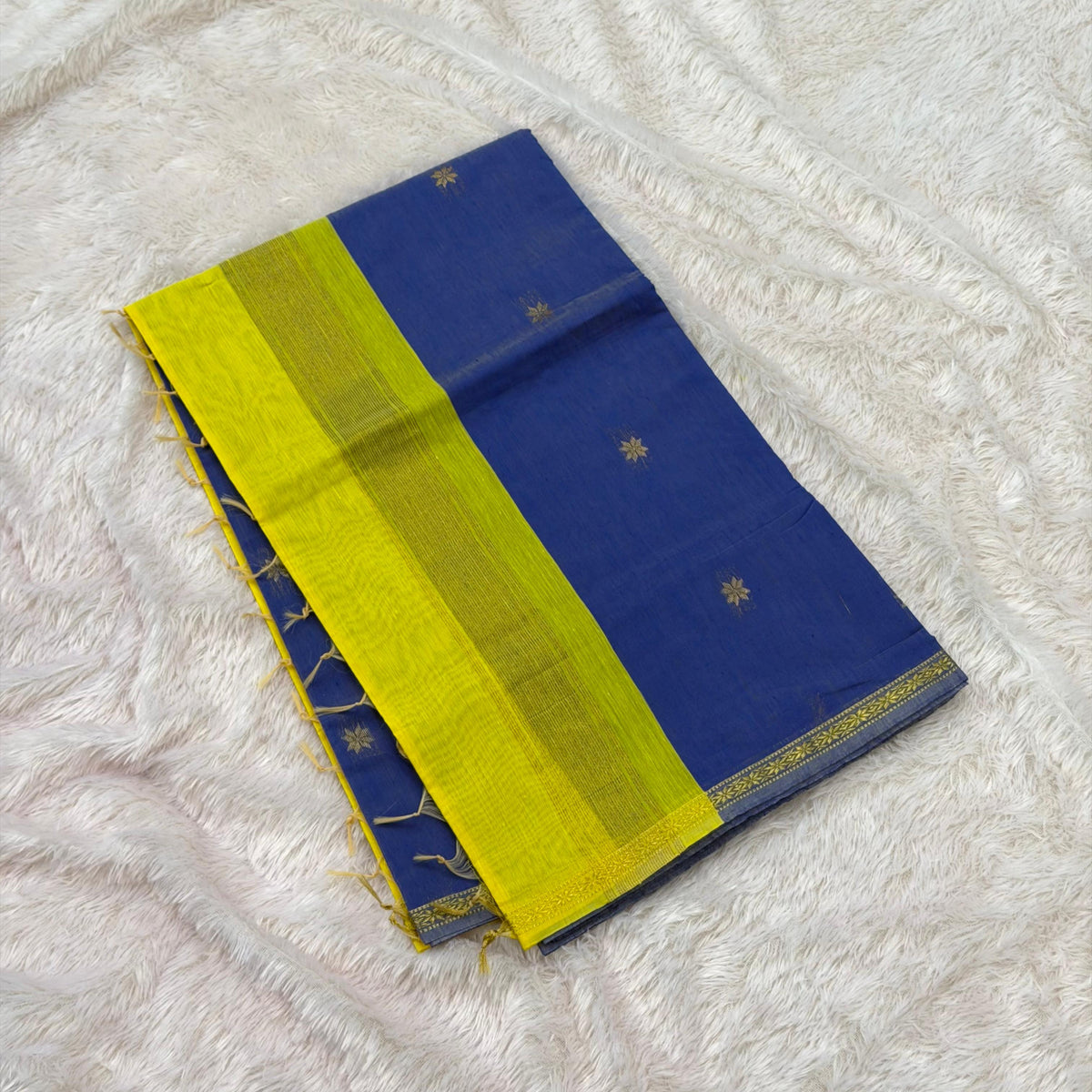 Flower Maheshwari Saree-Royal Blue With Lemon Yellow