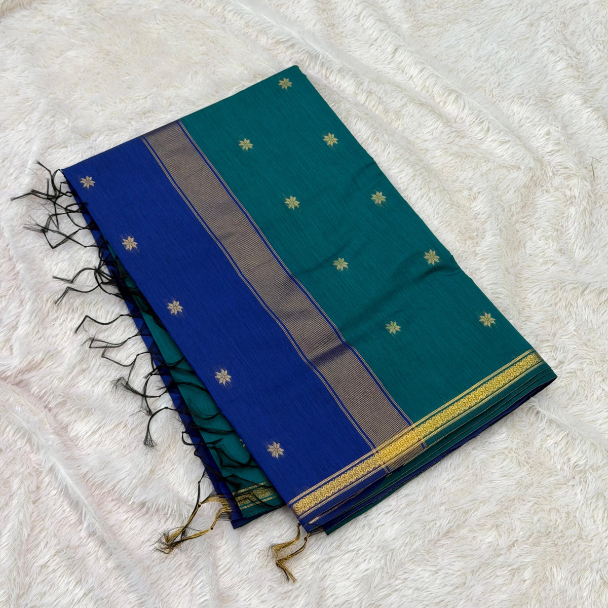 Flower Maheshwari Saree-Rama With Royal Blue