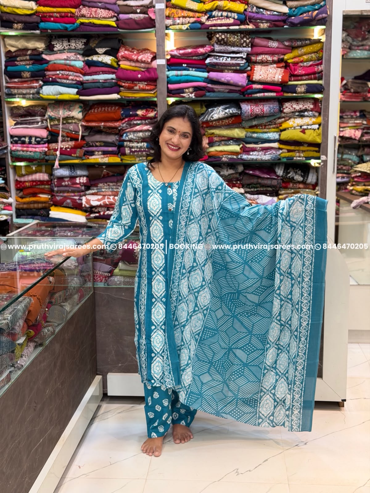 Cotton Jute Printed 3-Piece Dress Set - Blue