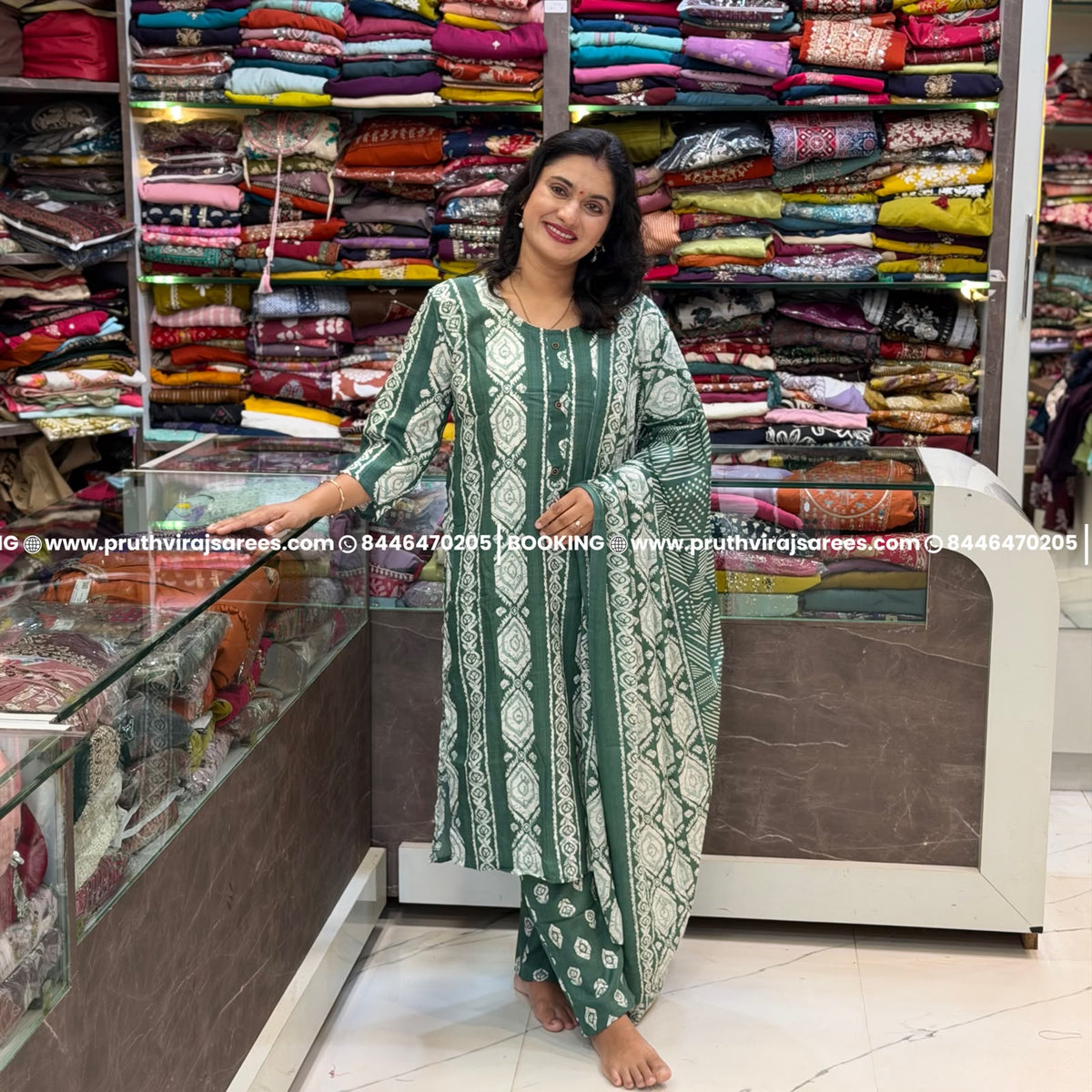 Cotton Jute Printed 3-Piece Dress Set - Green