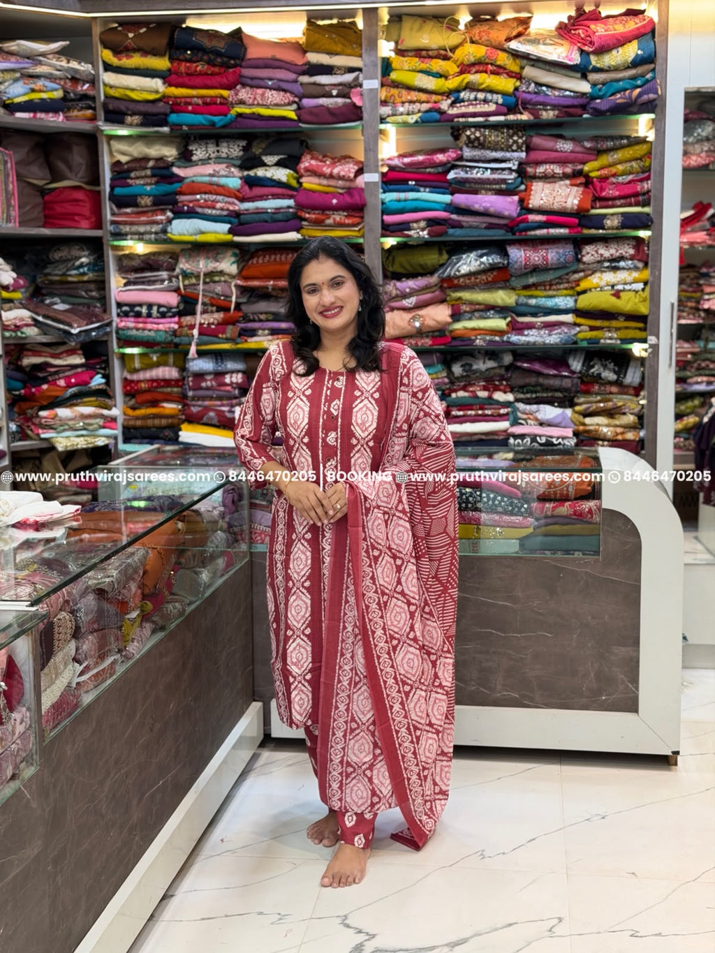 Cotton Jute Printed 3-Piece Dress Set - Marron