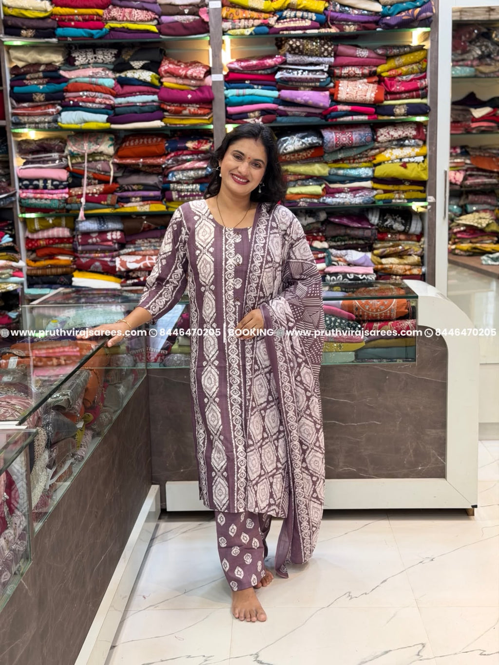 Cotton Jute Printed 3-Piece Dress Set - Choclate