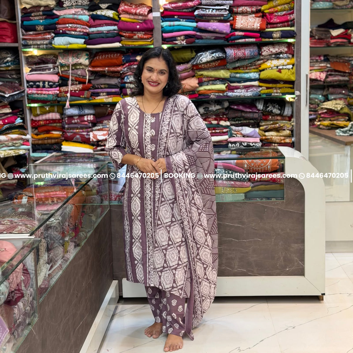 Cotton Jute Printed 3-Piece Dress Set - Choclate
