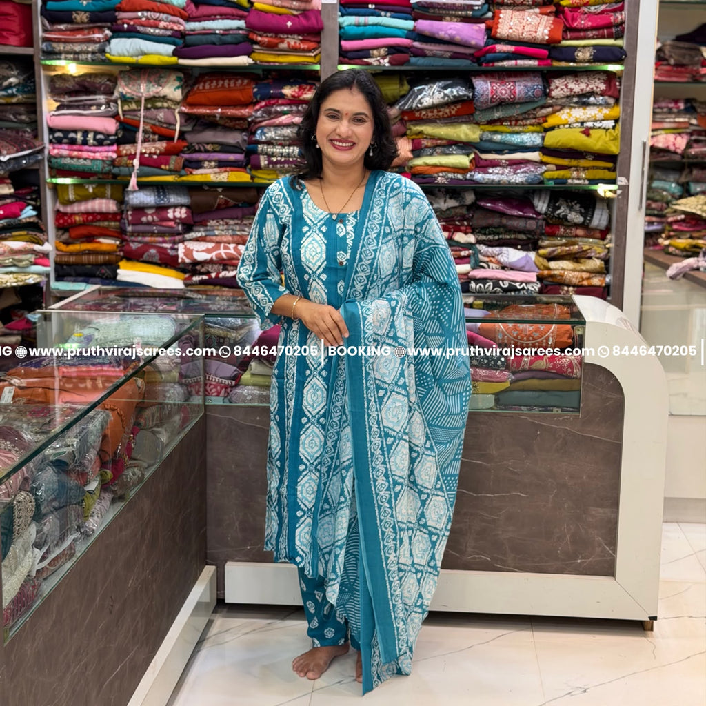 Cotton Jute Printed 3-Piece Dress Set - Blue
