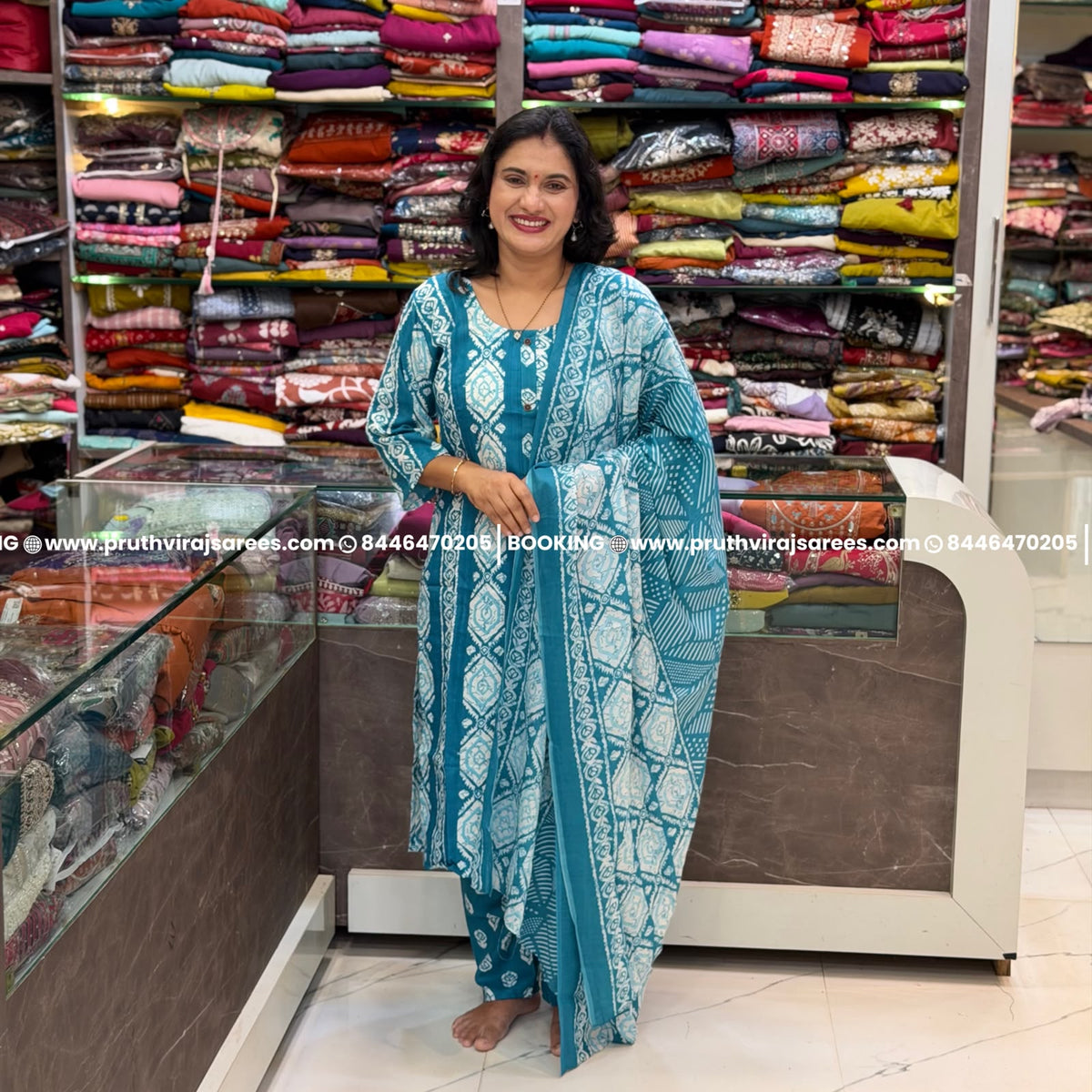 Cotton Jute Printed 3-Piece Dress Set - Blue