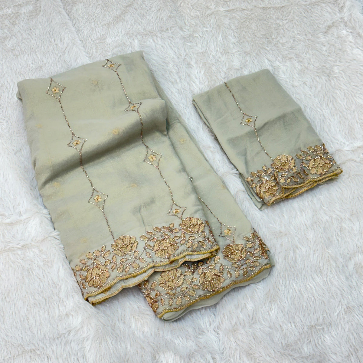 karadana work designer saree_ligtht gray
