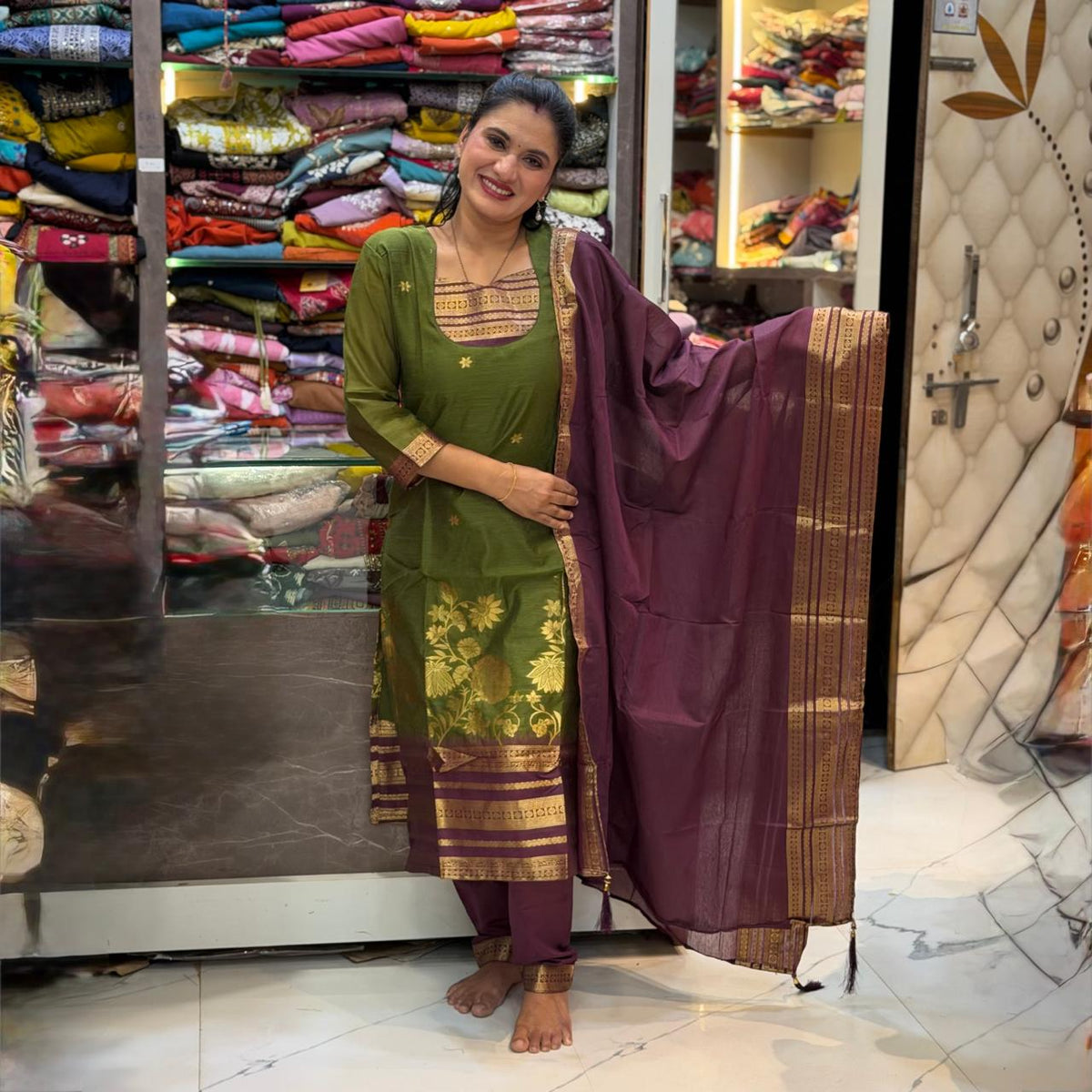 Stylish chanderi Dress Set - Green