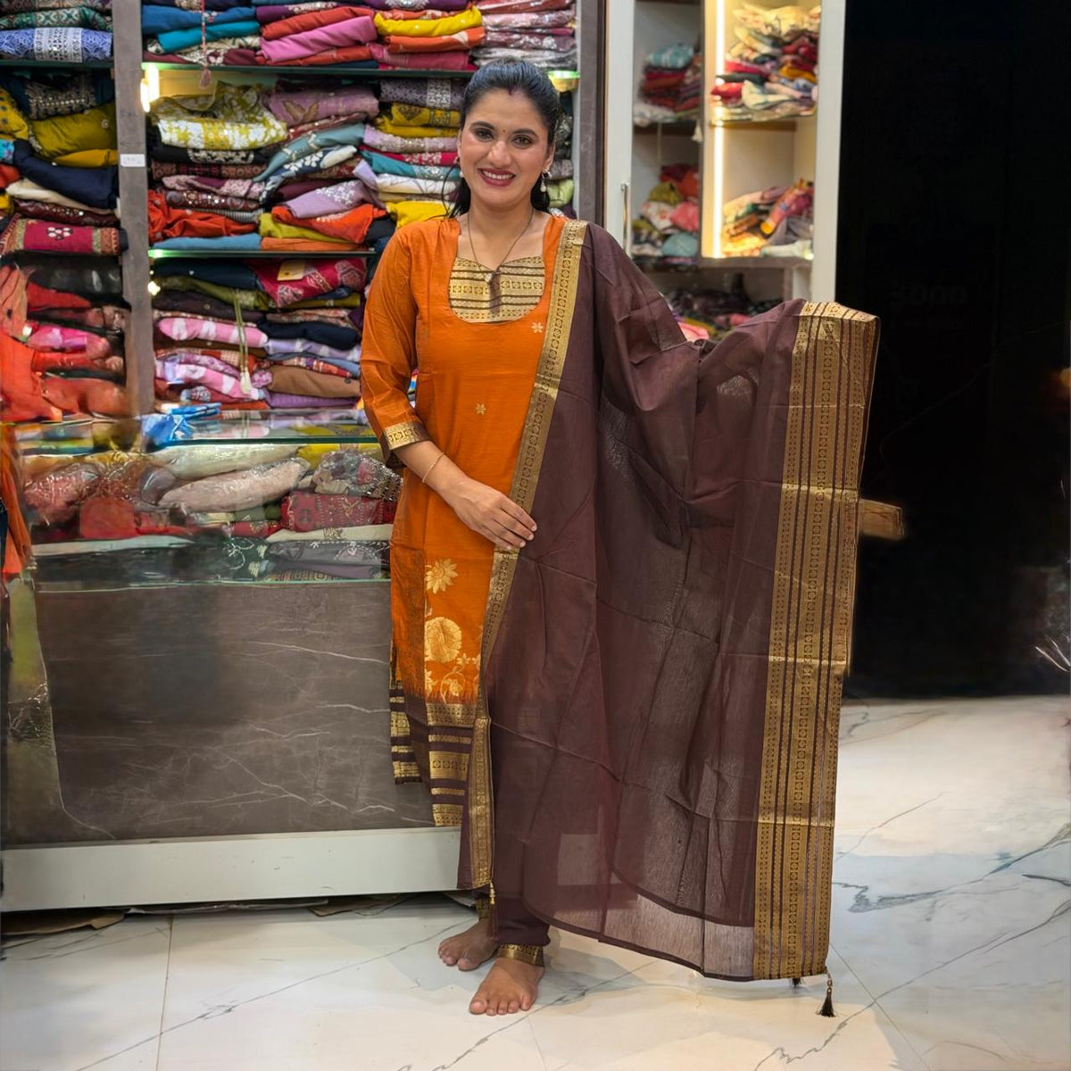 Stylish chanderi Dress Set - Orange