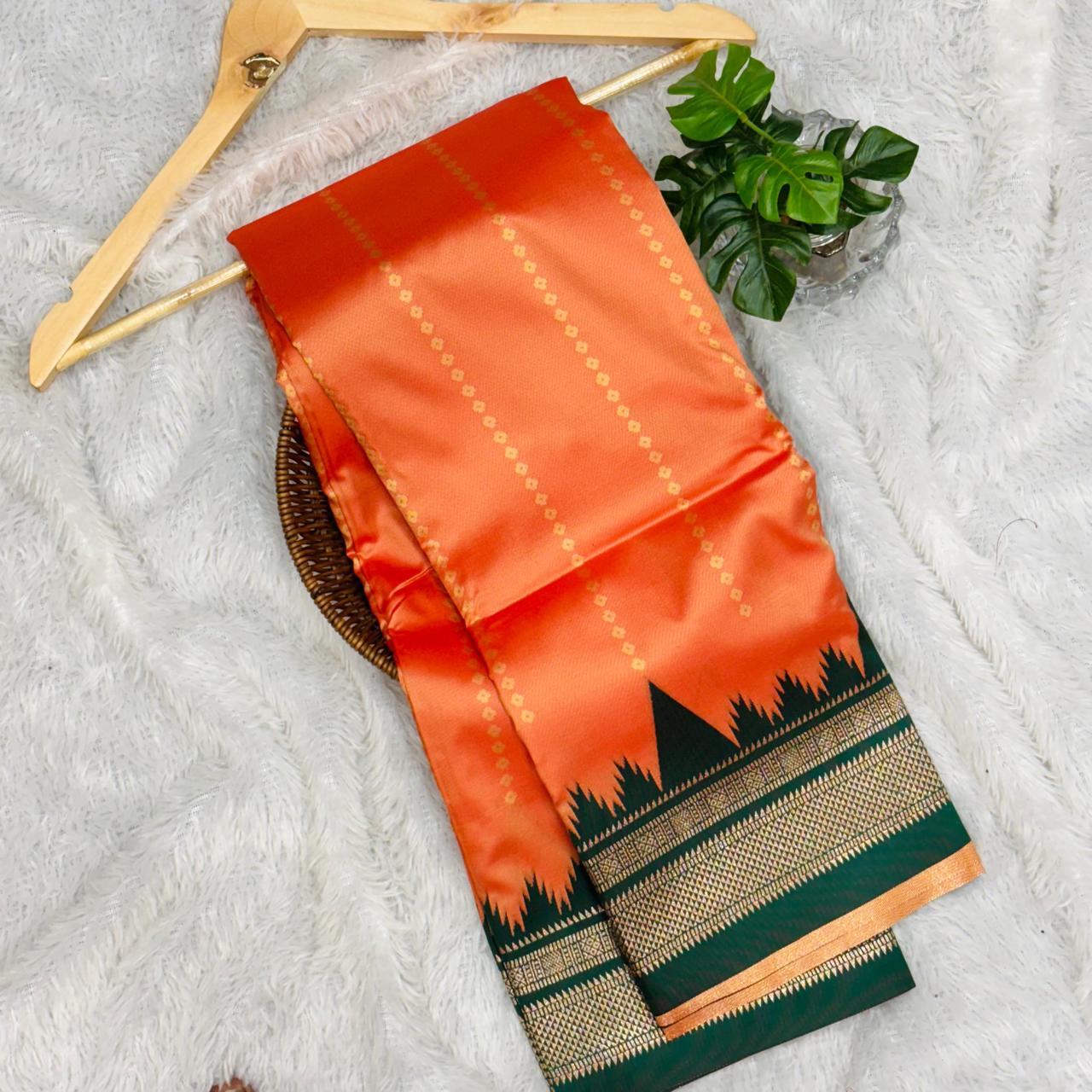 Irakal Silk Saree : Orange and Green border