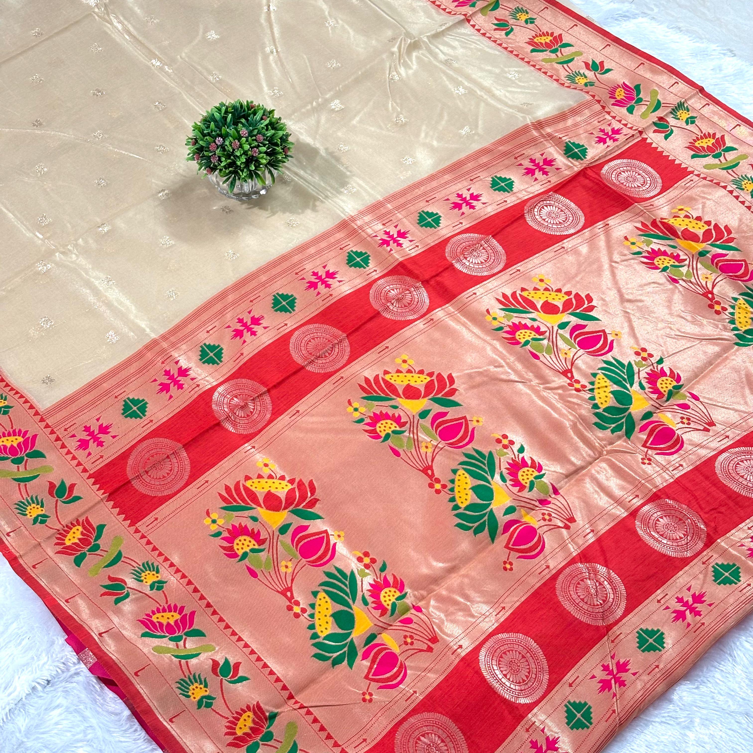 Lotus Tishu Paithani -CHIKU COLOUR