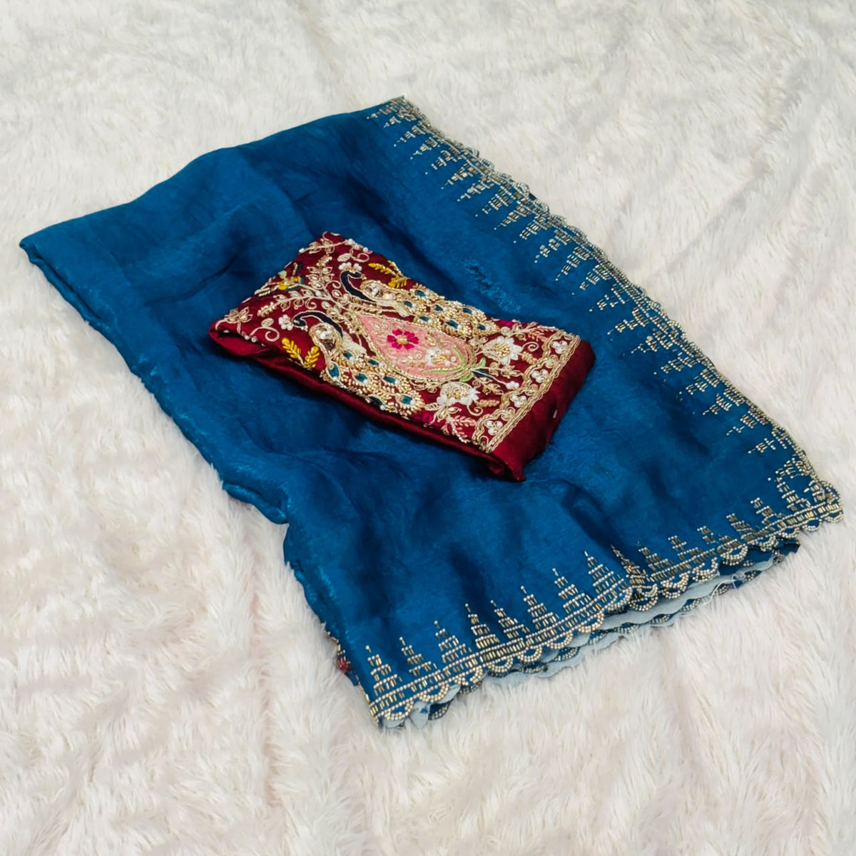 Designer Embellished Saree - Peacock Blue
