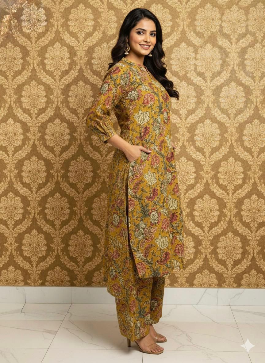 Jaipuri cotton cord set- Mustered Yellow