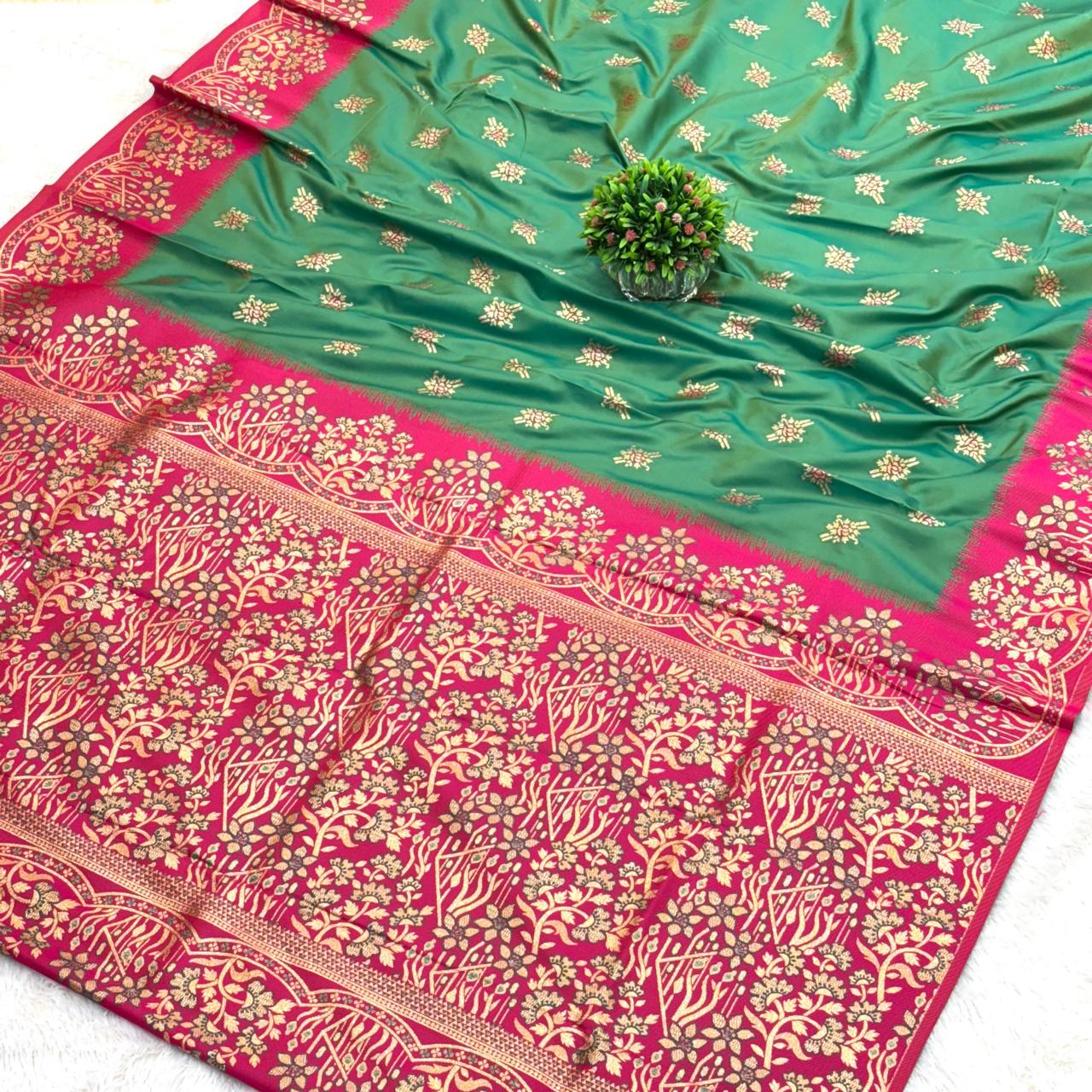 Jamadani saree- Rama Green with Pink  Boarder