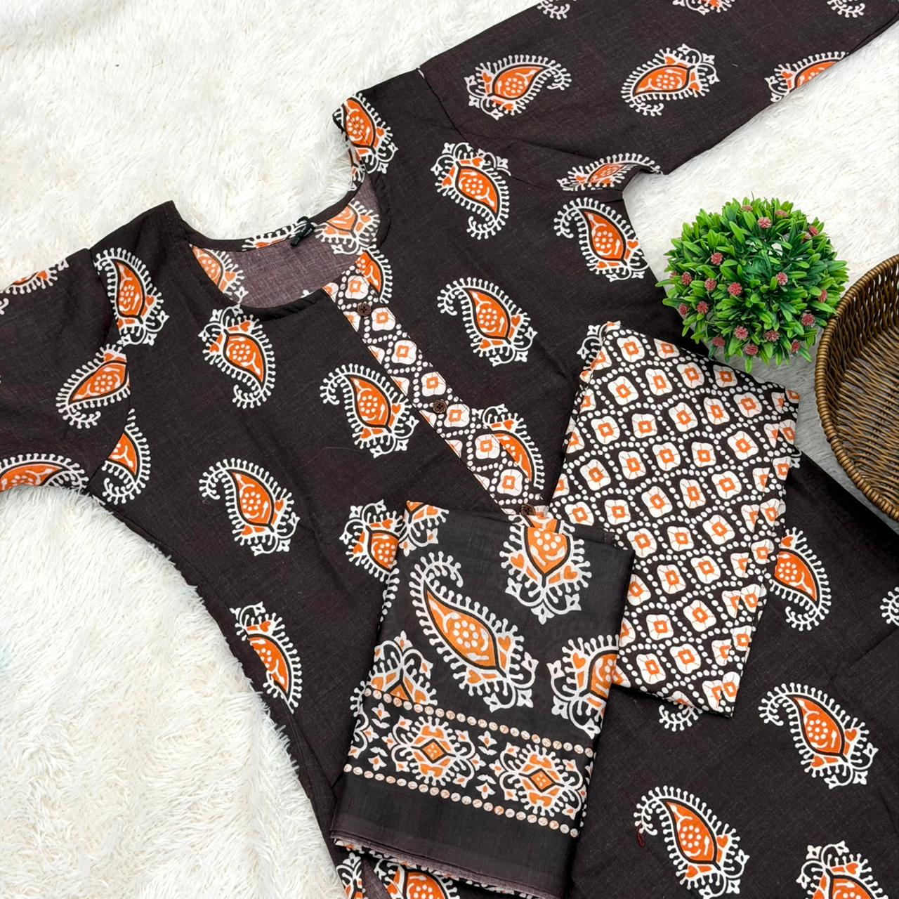 Ajarak print 3 pec dress set -  Coffe
