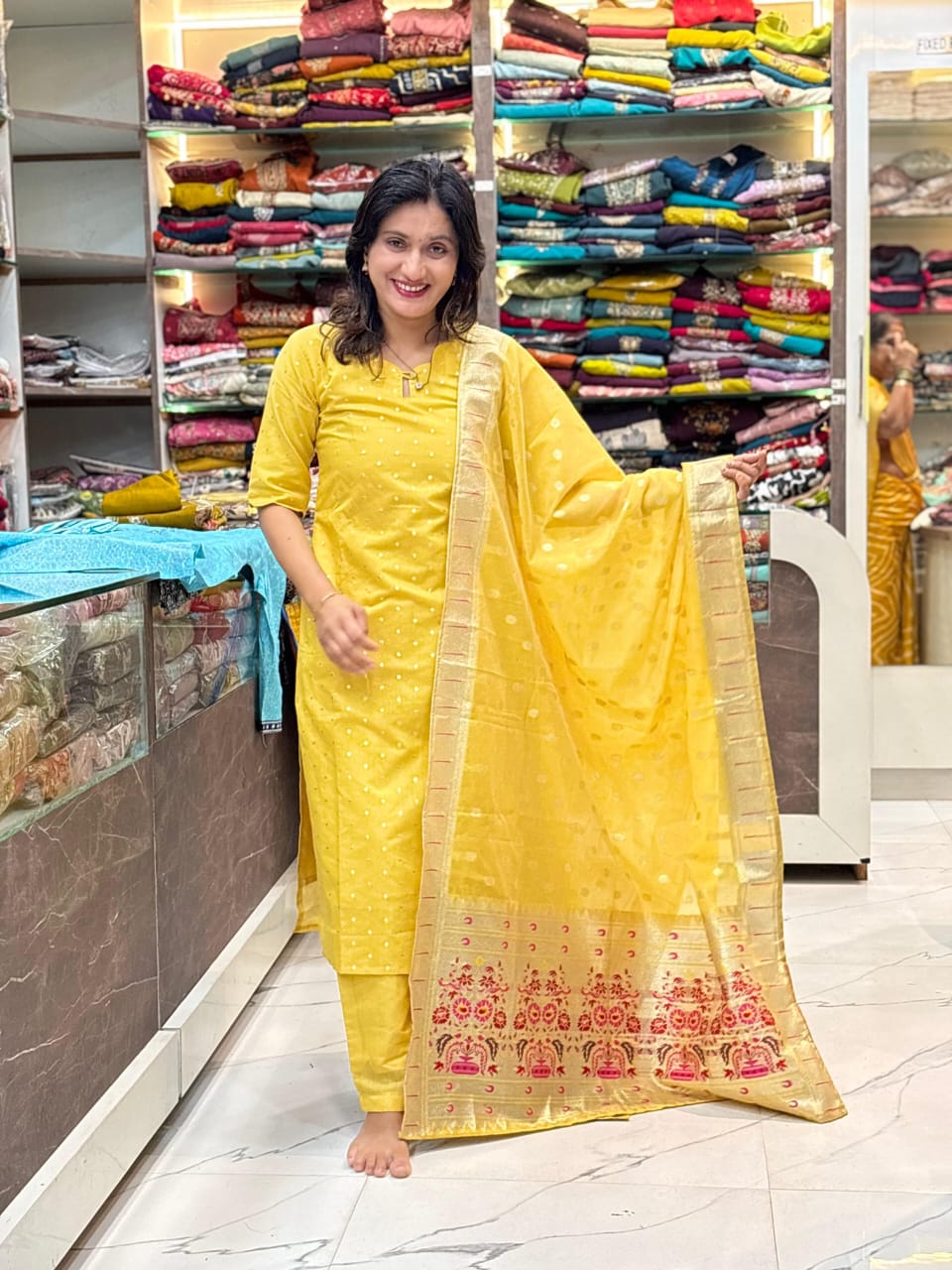 Chanderi cottone paithani dupatta with 3 pice dress set -   YELLOW