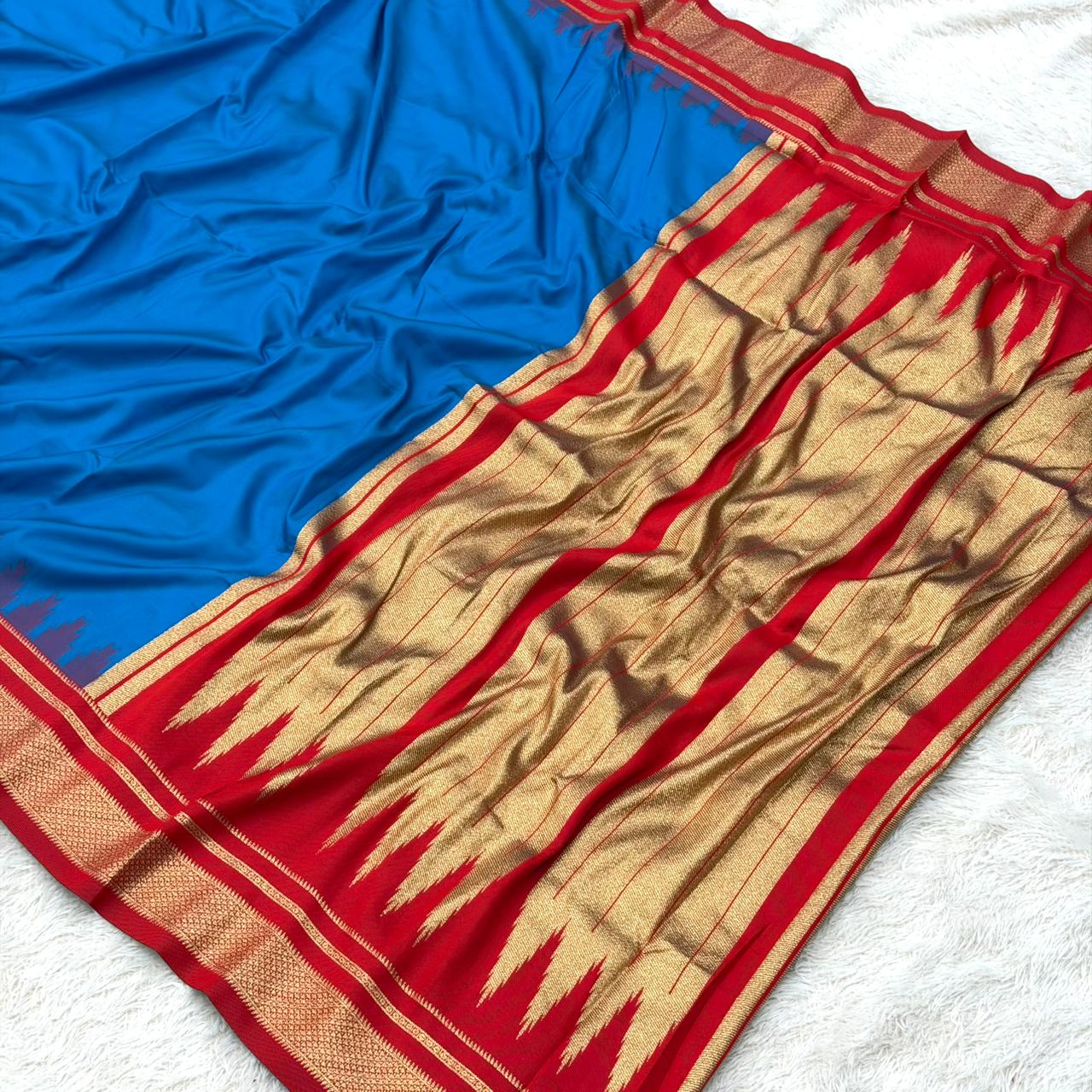 Soft silk Irakal sareee - Royal blue with red boarder