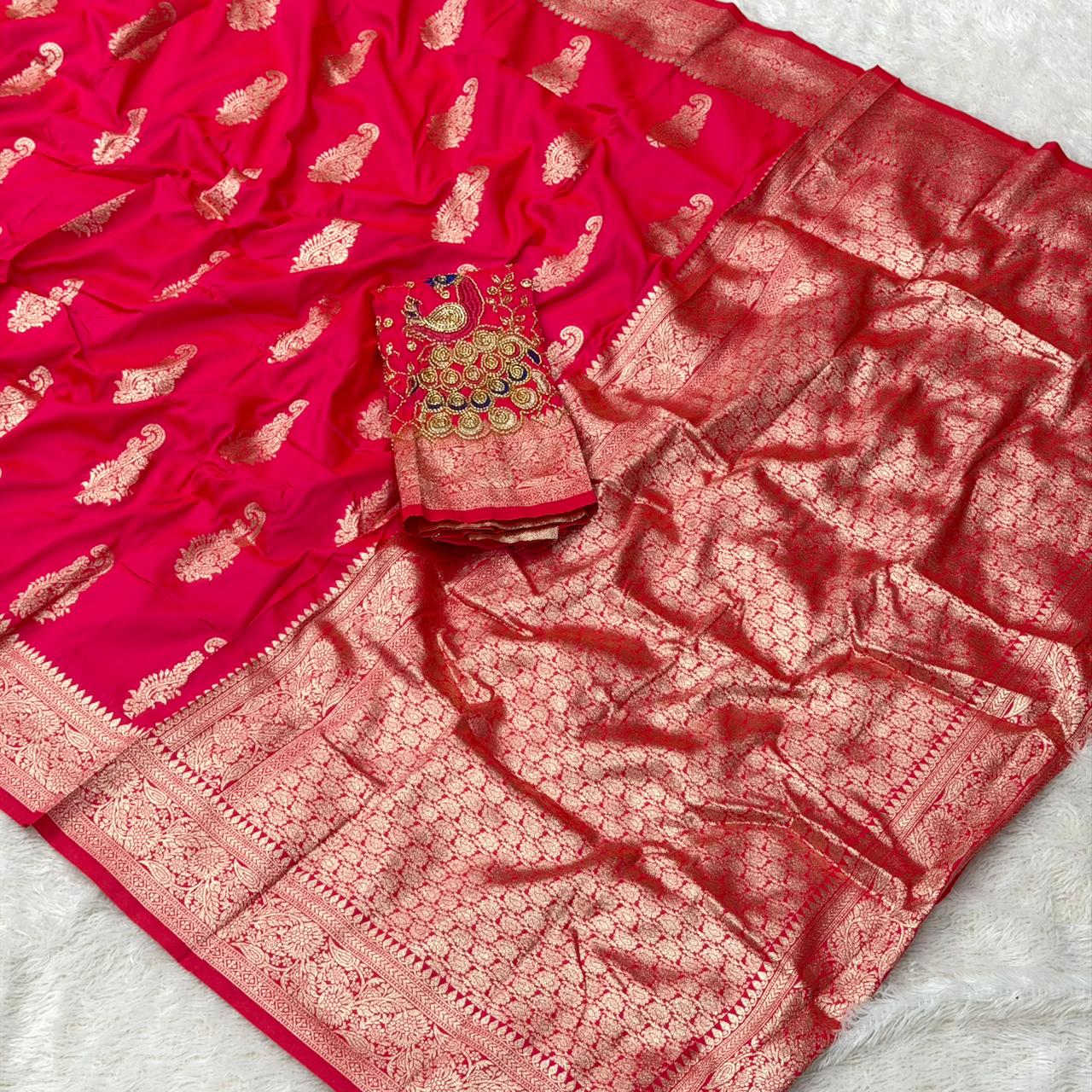 Silk Banarasi Saree | Silver Zari & Aari Work | PINK