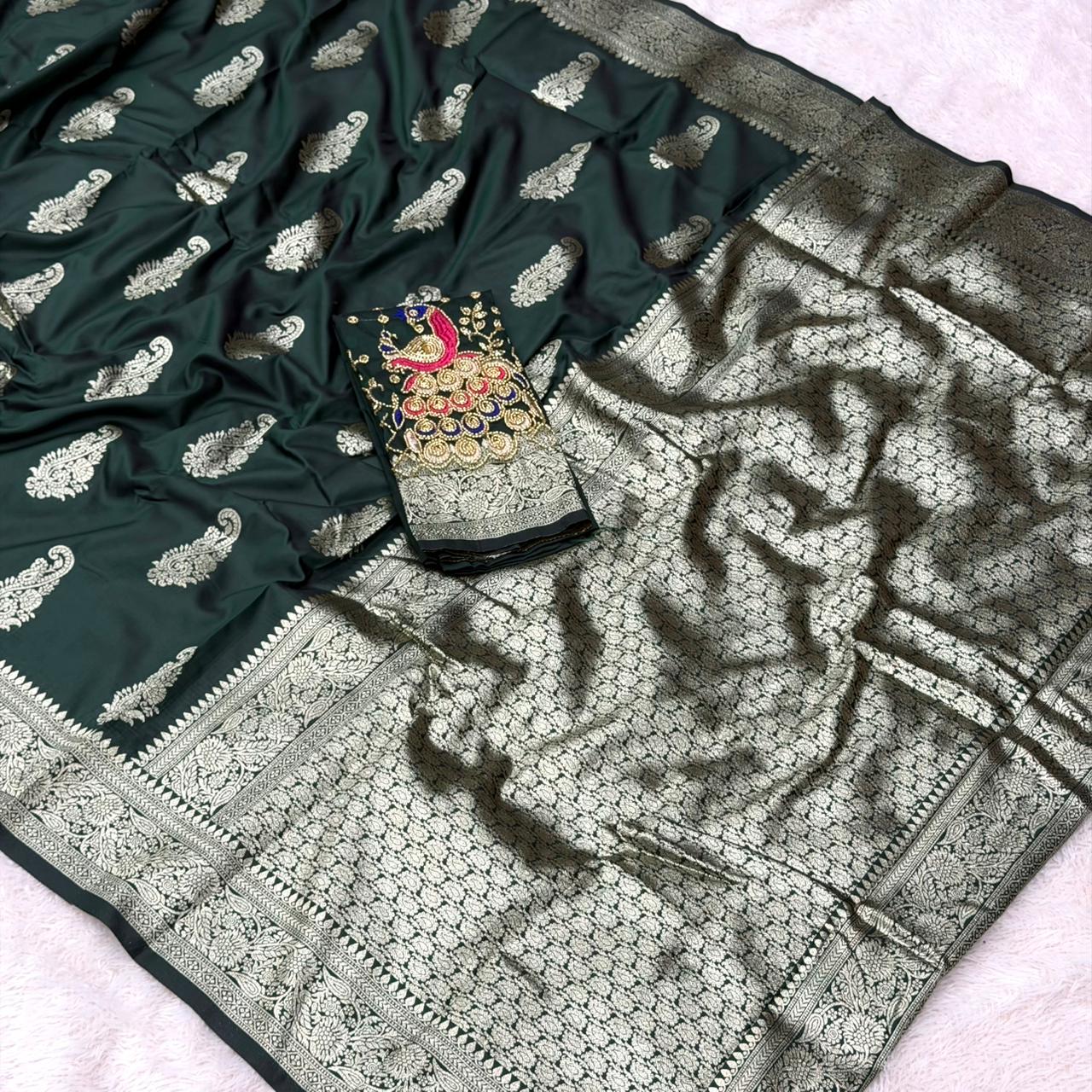 Silk Banarasi Saree | Silver Zari & Aari Work | Bottle Green