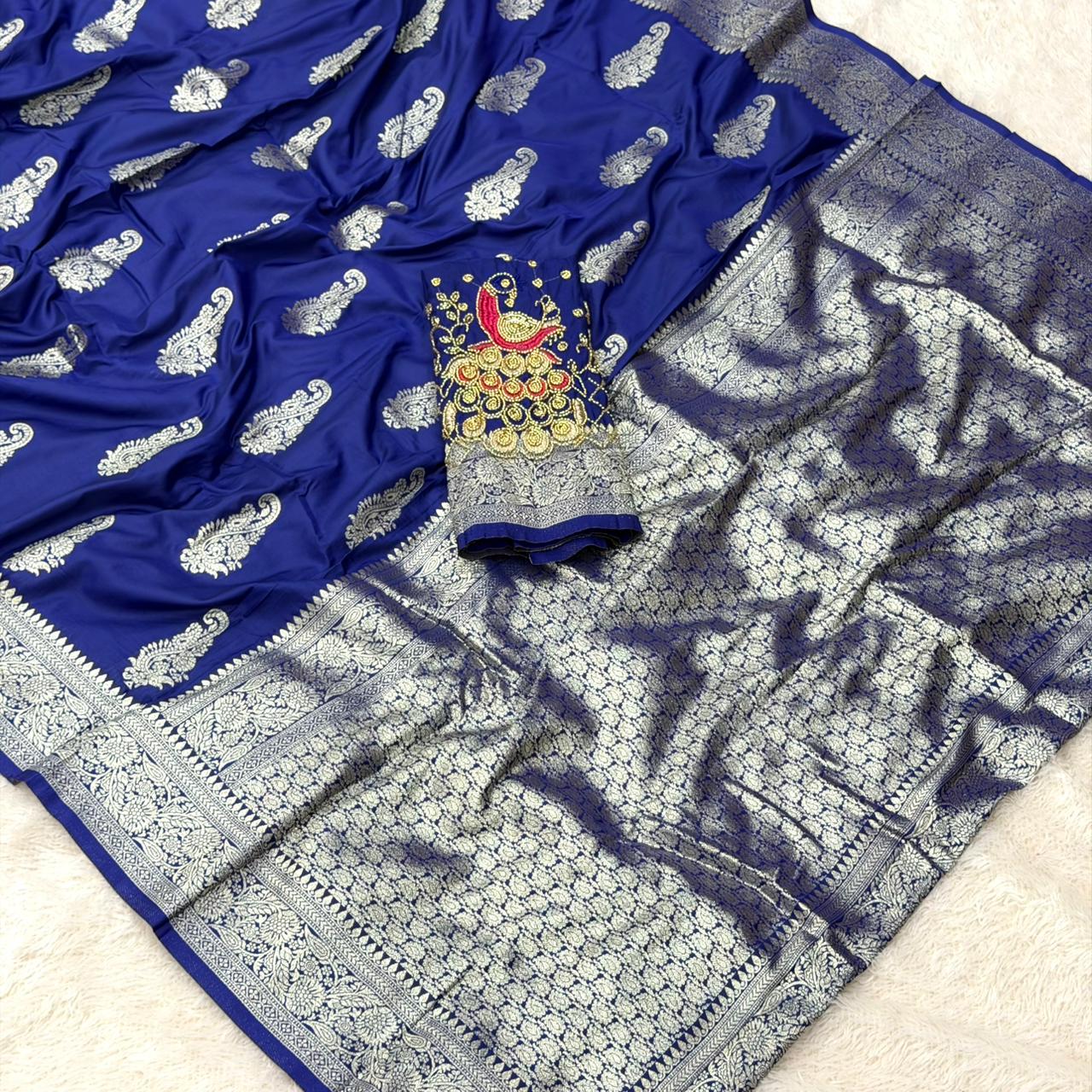 Silk Banarasi Saree | Silver Zari & Aari Work |ROYAL BLUE