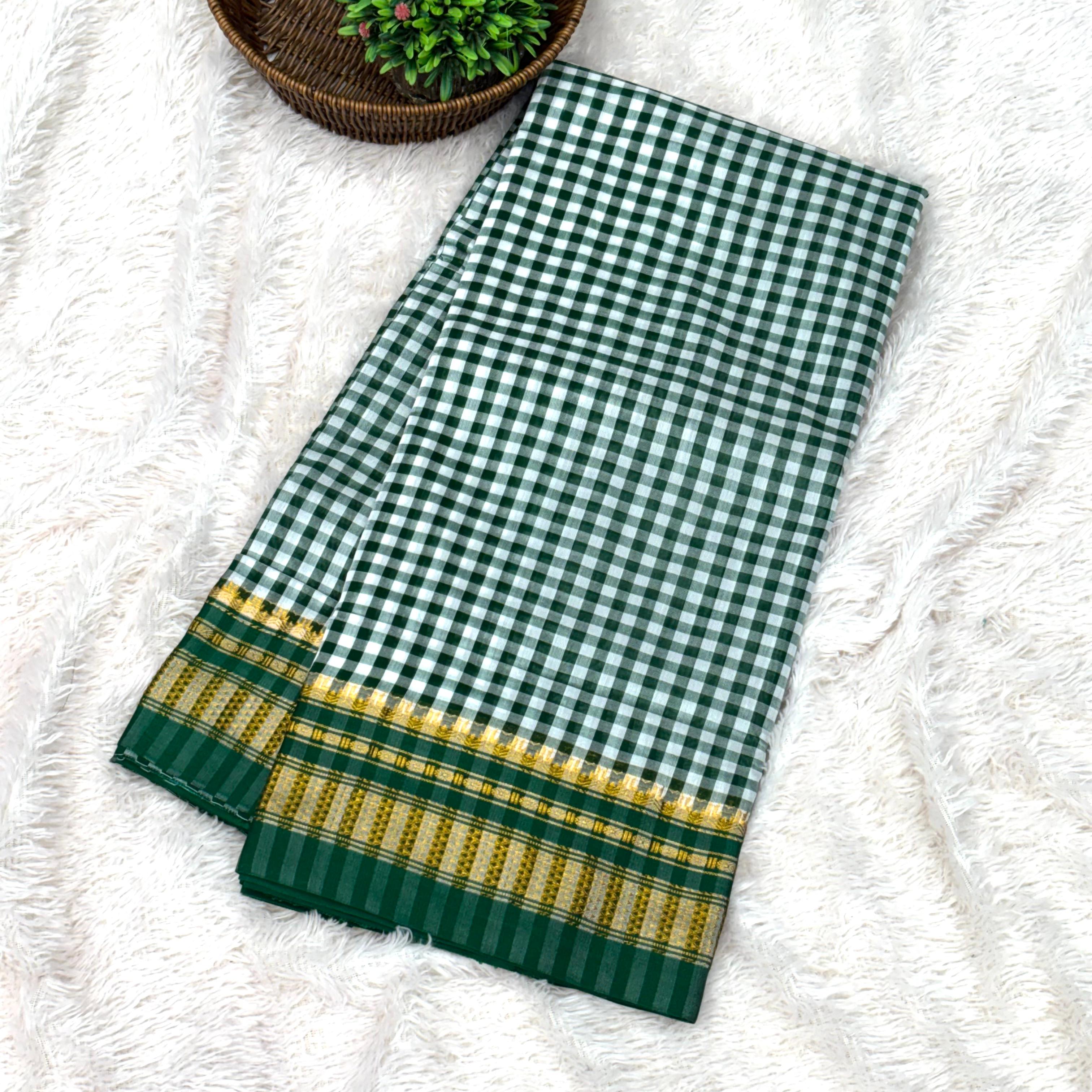 Blended Irakal Checks Saree-  Green