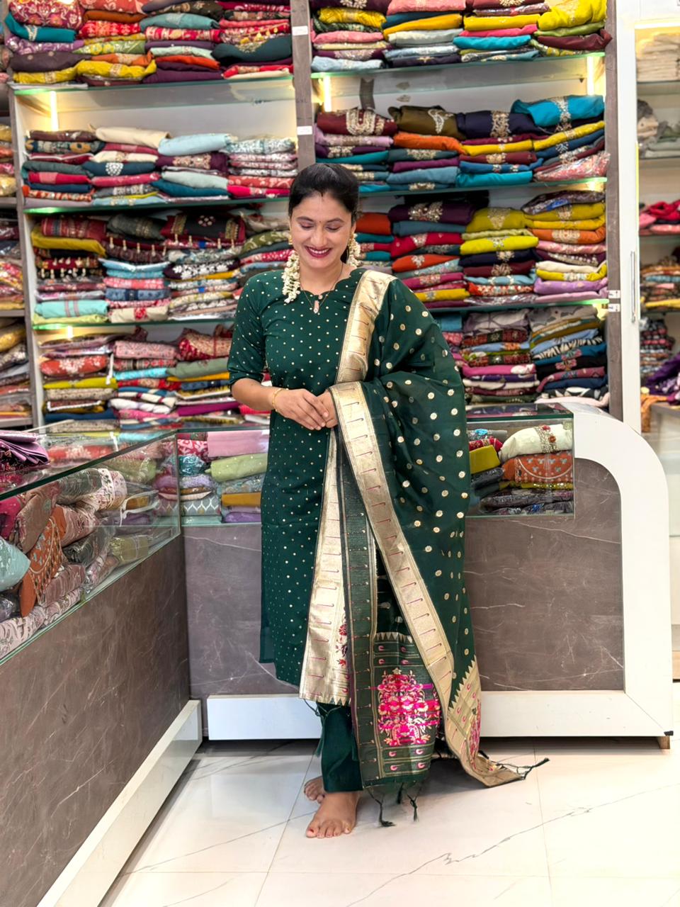 Chanderi cotton Paithani 3 Piece Dress Set - Green