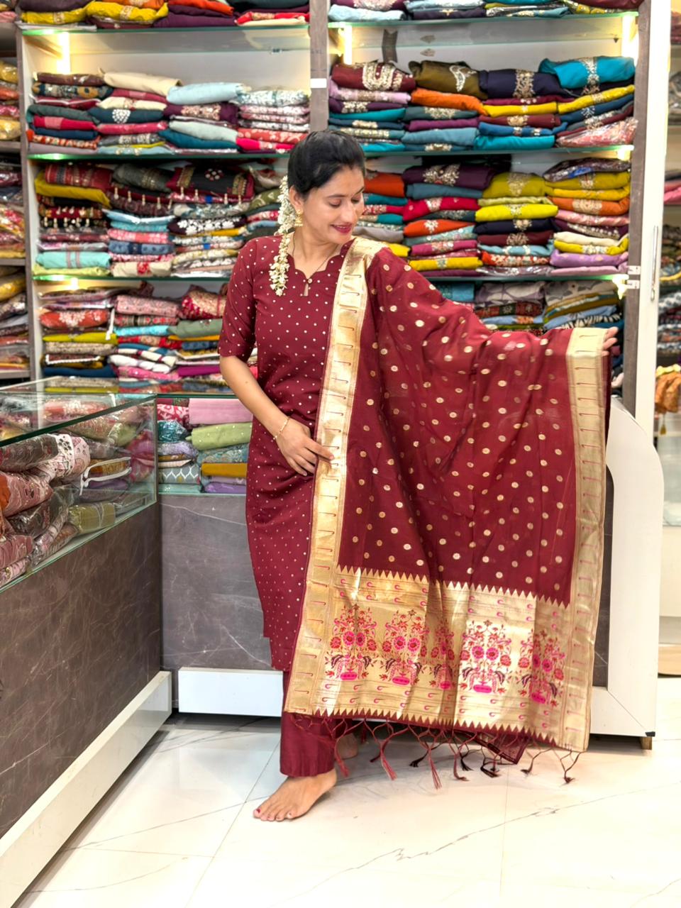 Chanderi cotton Paithani 3 Piece Dress Set - Maroon